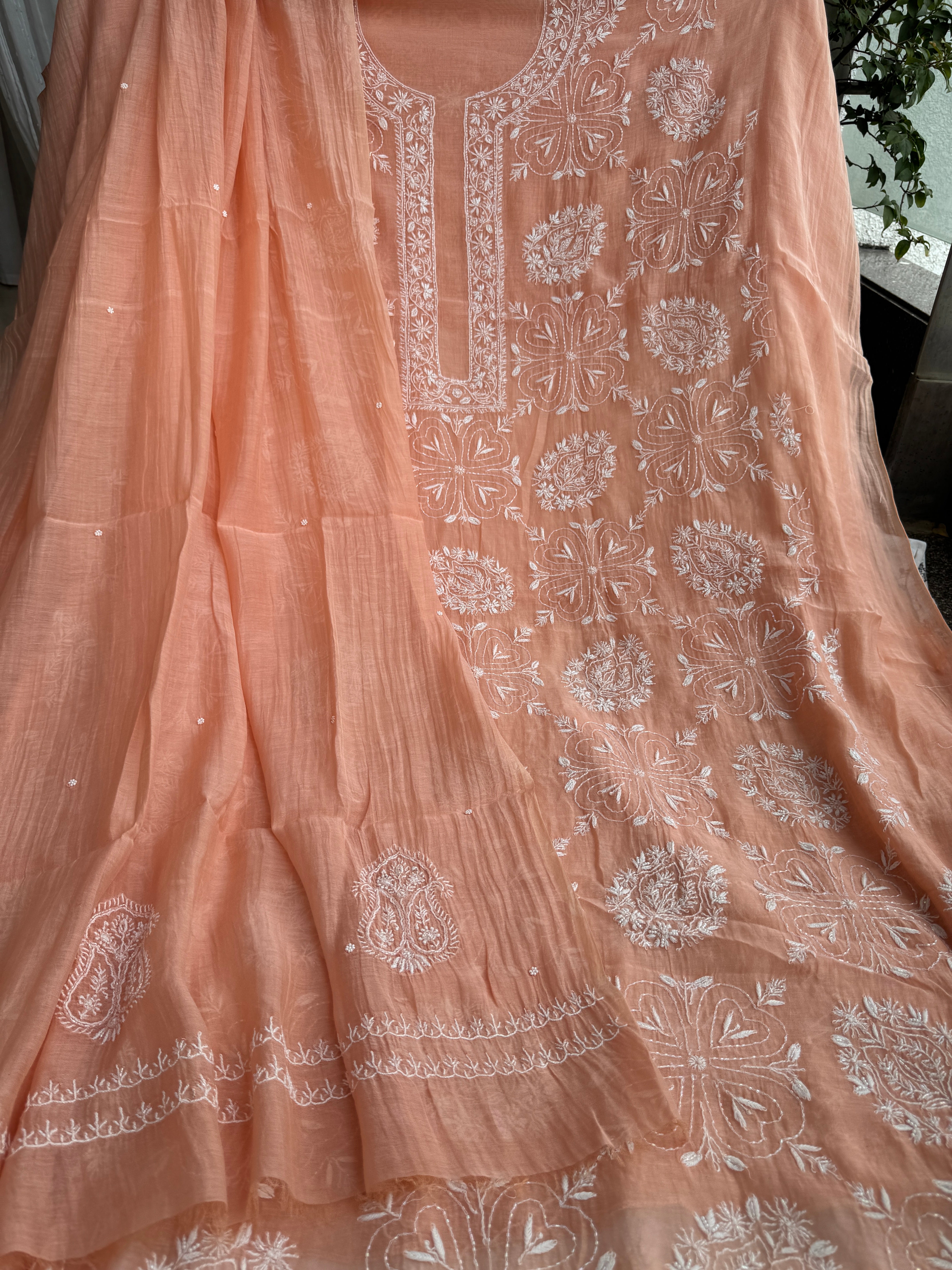 Mul Chanderi Chikankari - Heavy Unstitched Set - Peach ARIAA CHIKANKARI 