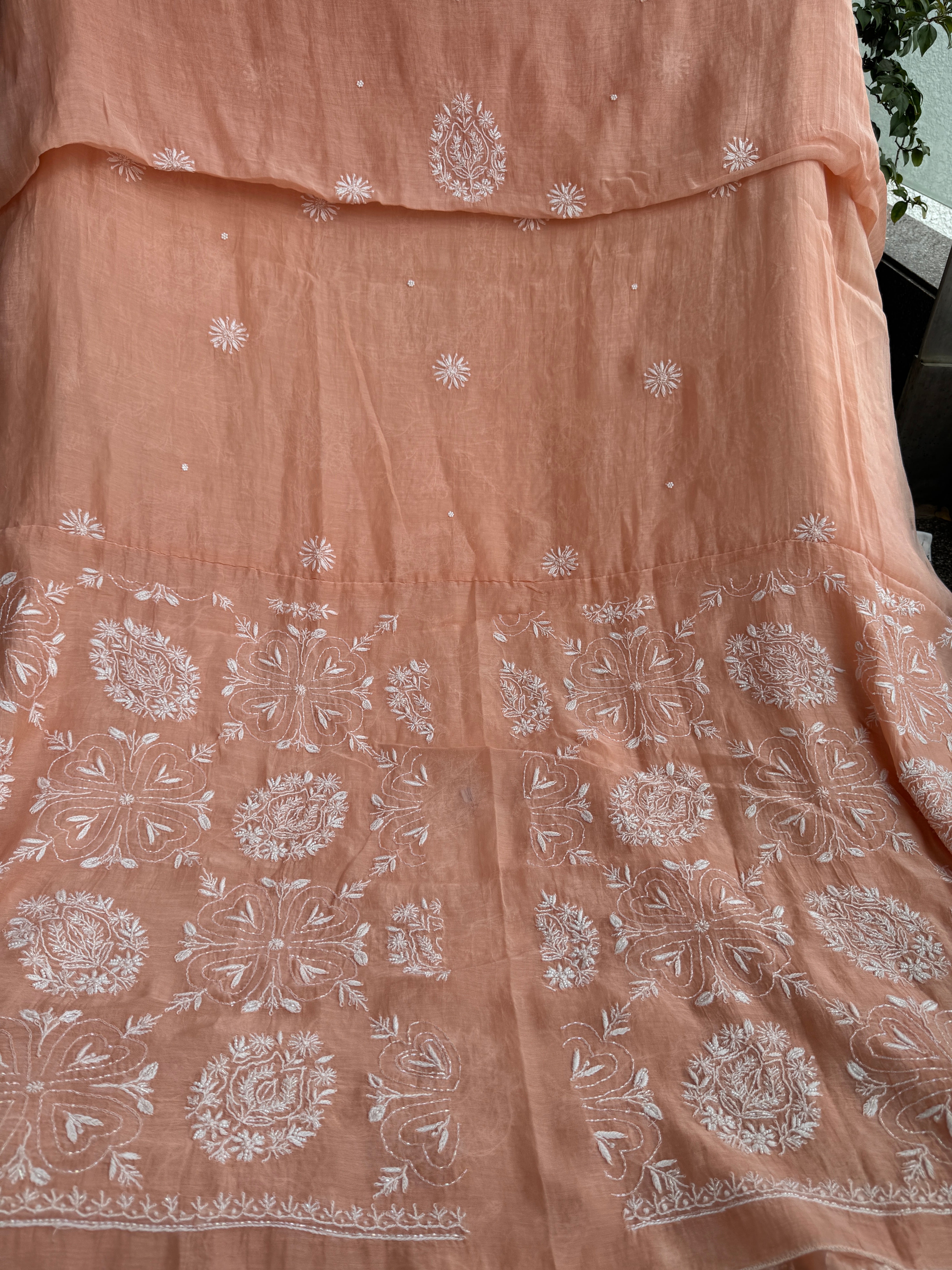 Mul Chanderi Chikankari - Heavy Unstitched Set - Peach ARIAA CHIKANKARI 