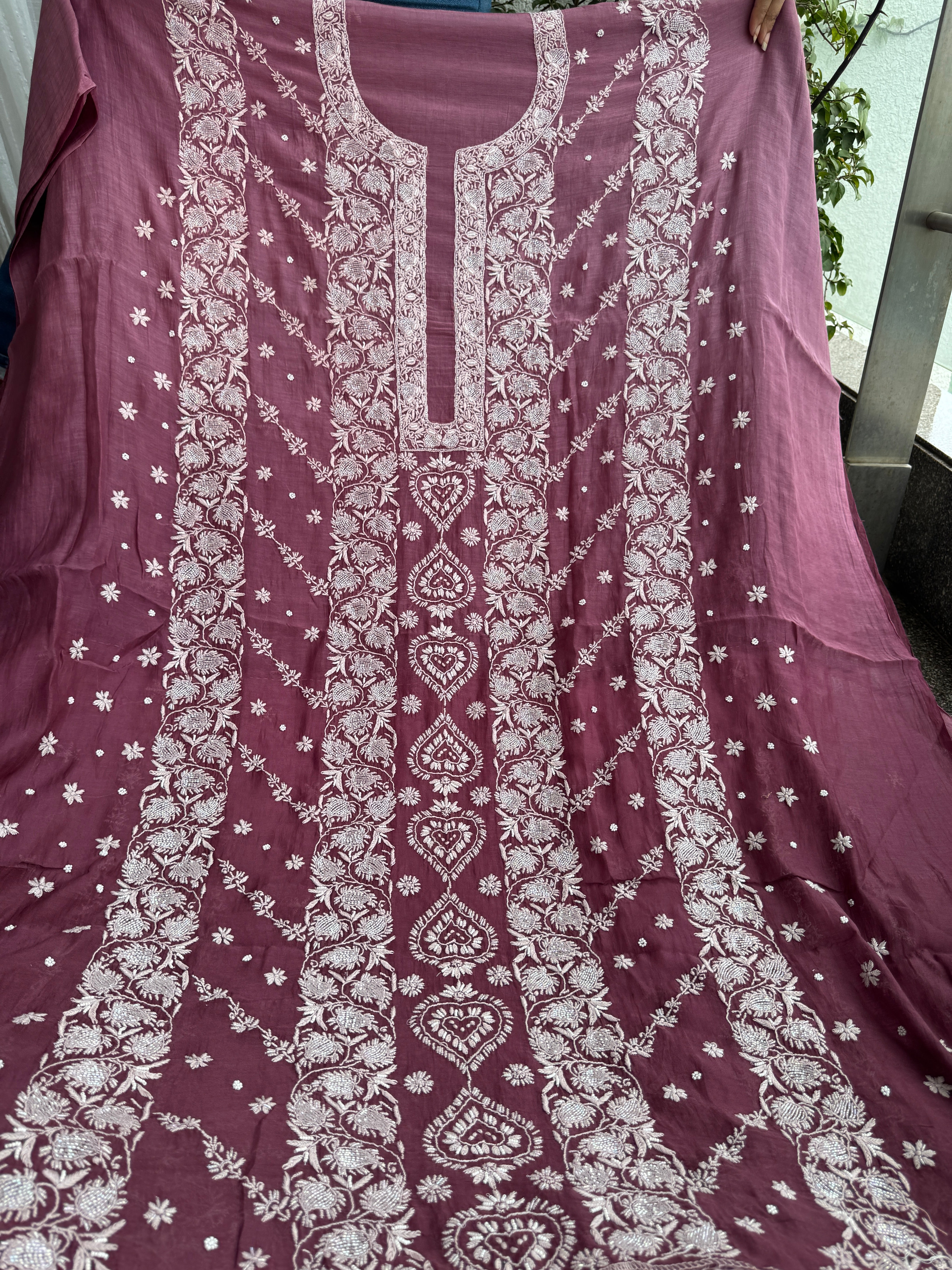 Mul Chanderi Chikankari - Heavy Unstitched Set - Plum Purple Ombre ARIAA CHIKANKARI 