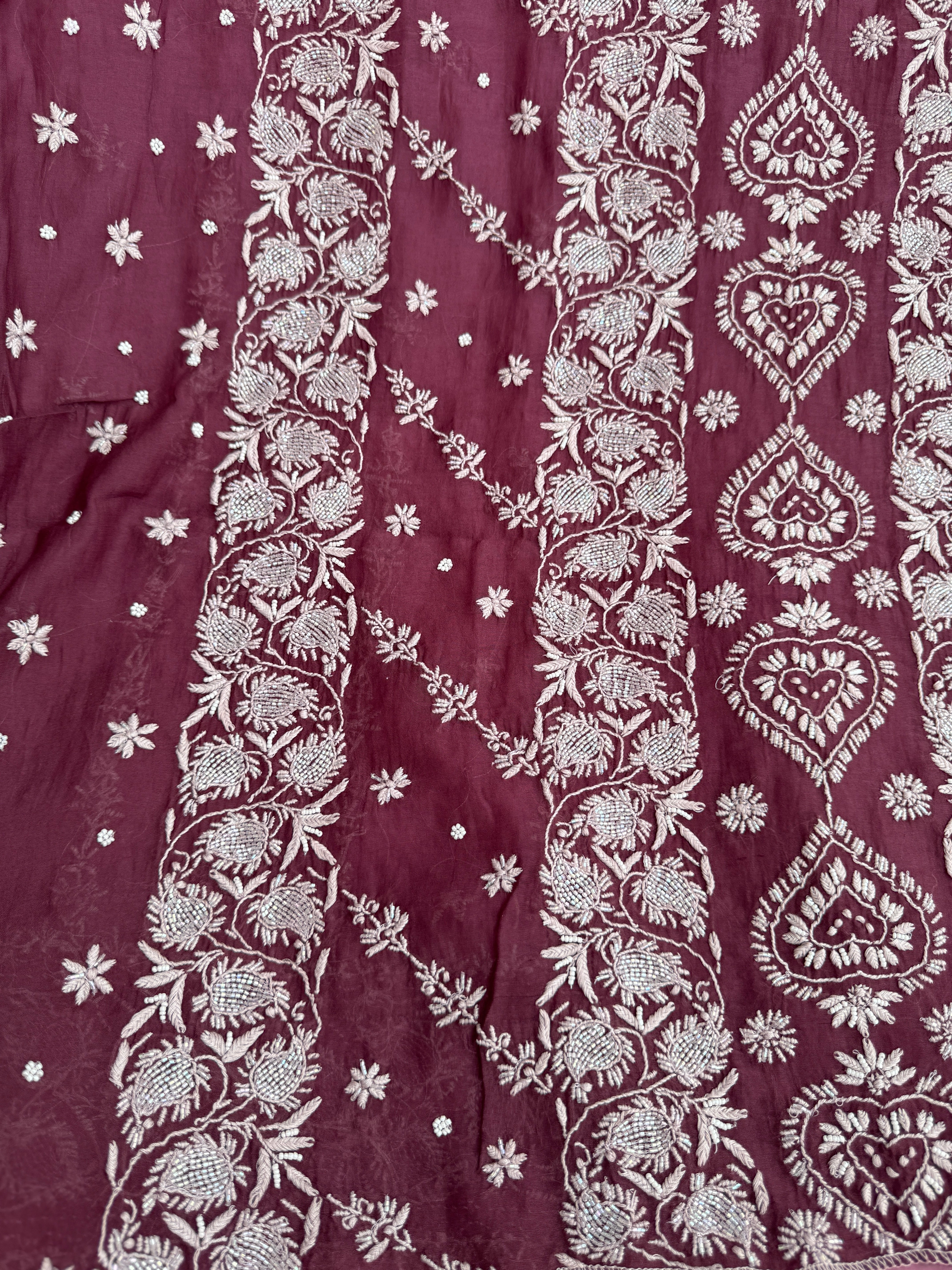 Mul Chanderi Chikankari - Heavy Unstitched Set - Plum Purple Ombre ARIAA CHIKANKARI 