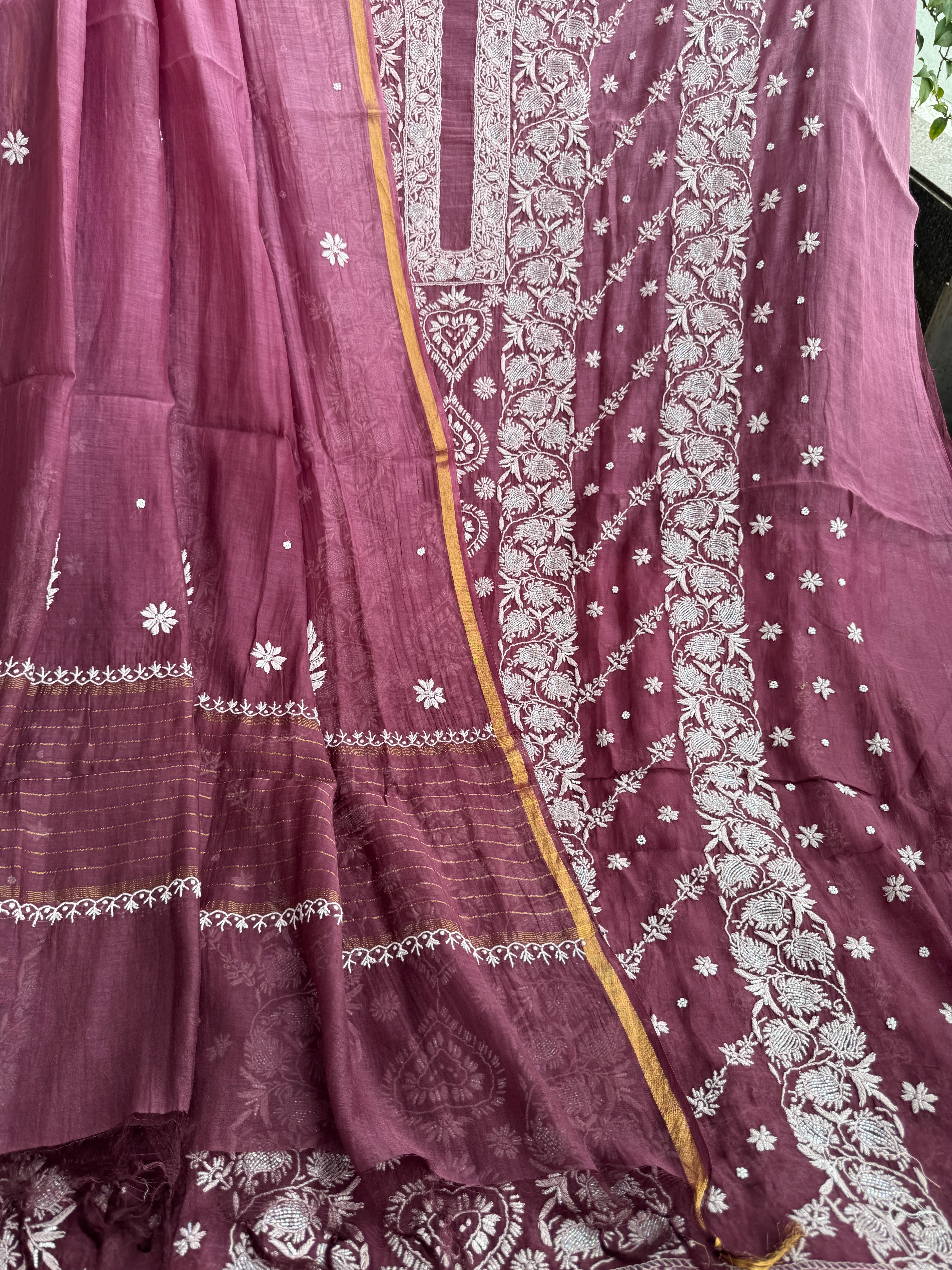 Mul Chanderi Chikankari - Heavy Unstitched Set - Plum Purple Ombre ARIAA CHIKANKARI 