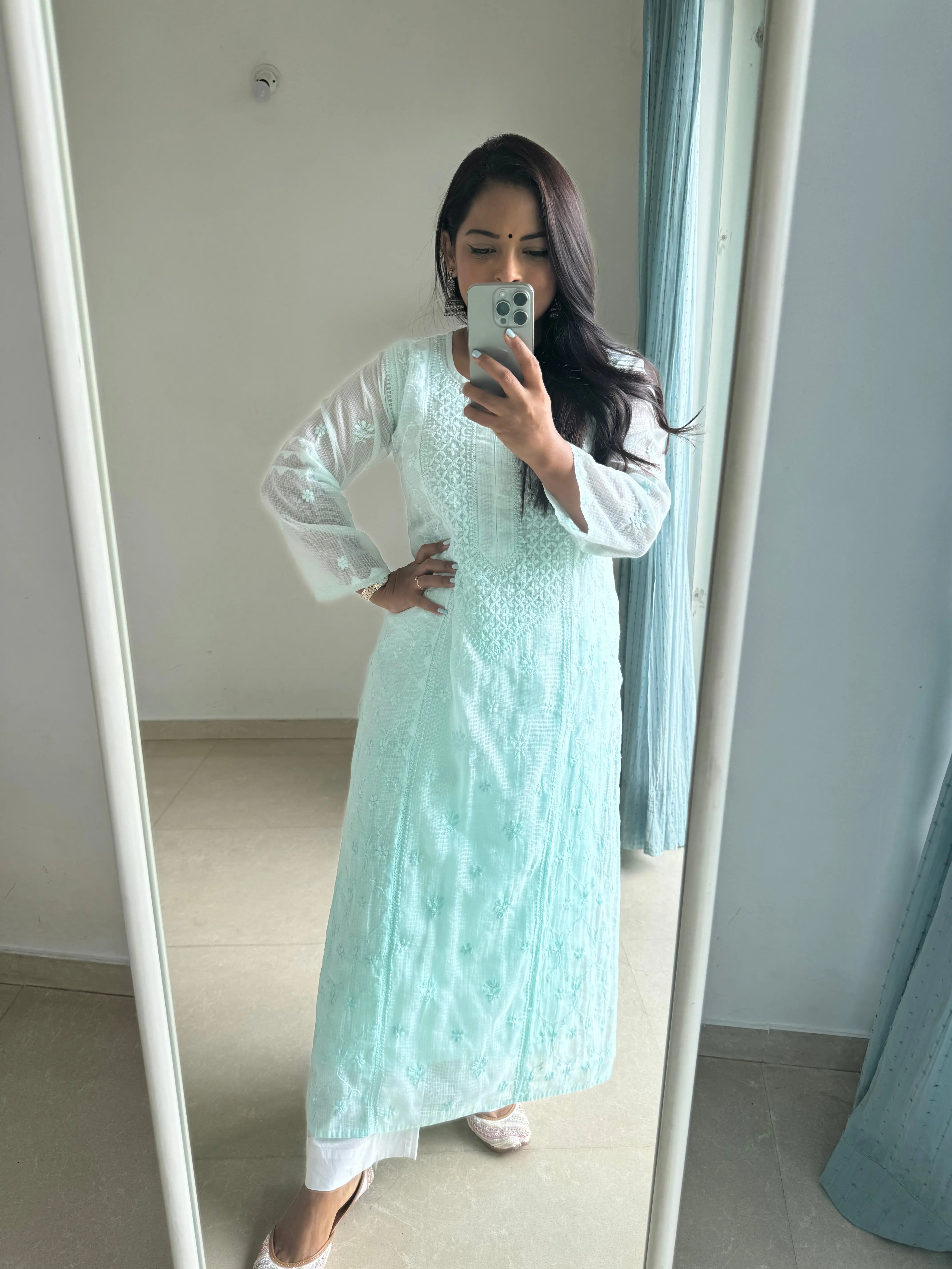 Kota Soft Cotton Chikankari Kurti - Cyan Green ARIAA CHIKANKARI 