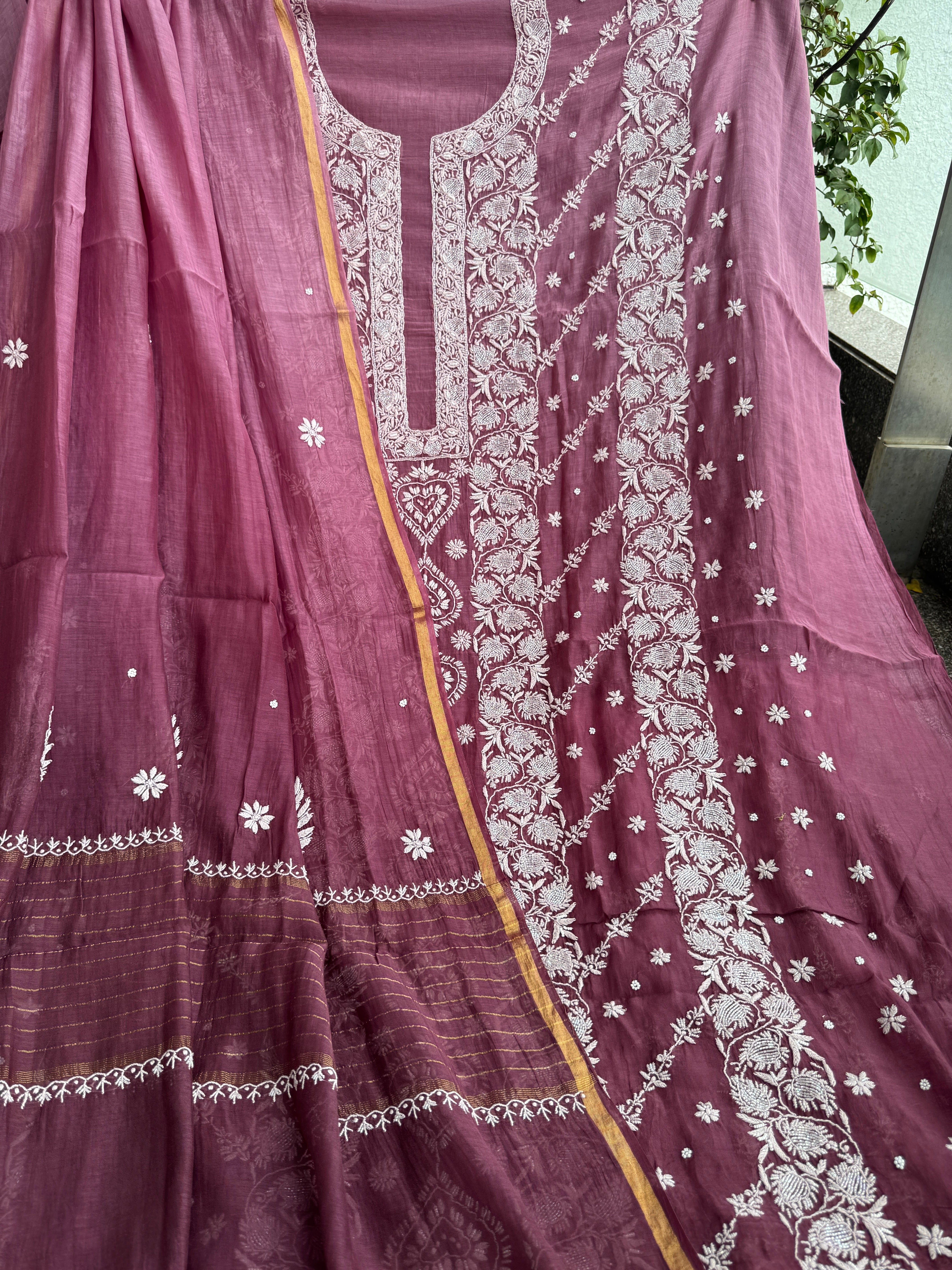 Mul Chanderi Chikankari - Heavy Unstitched Set - Plum Purple Ombre ARIAA CHIKANKARI 