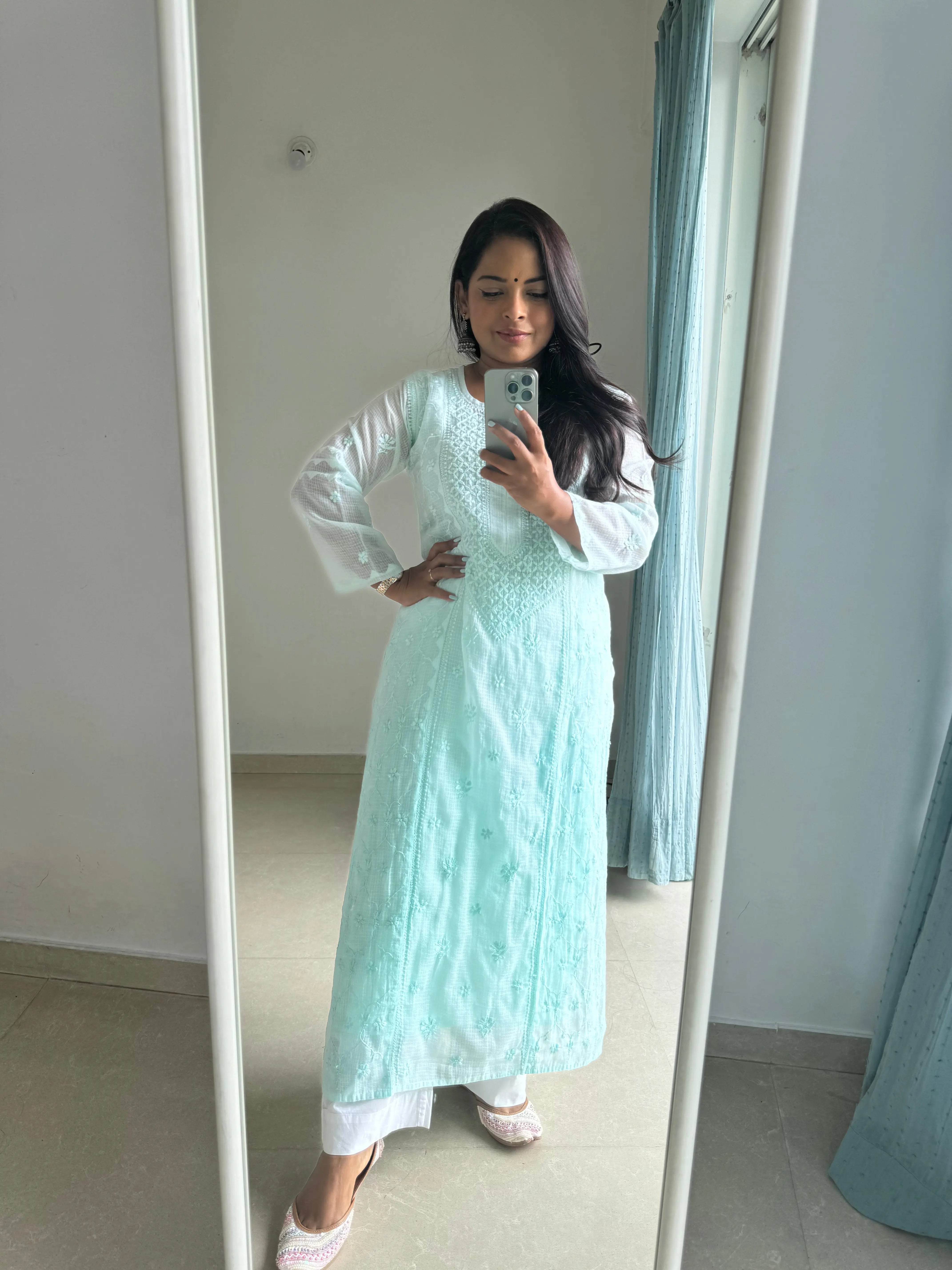 Kota Soft Cotton Chikankari Kurti - Cyan Green ARIAA CHIKANKARI 