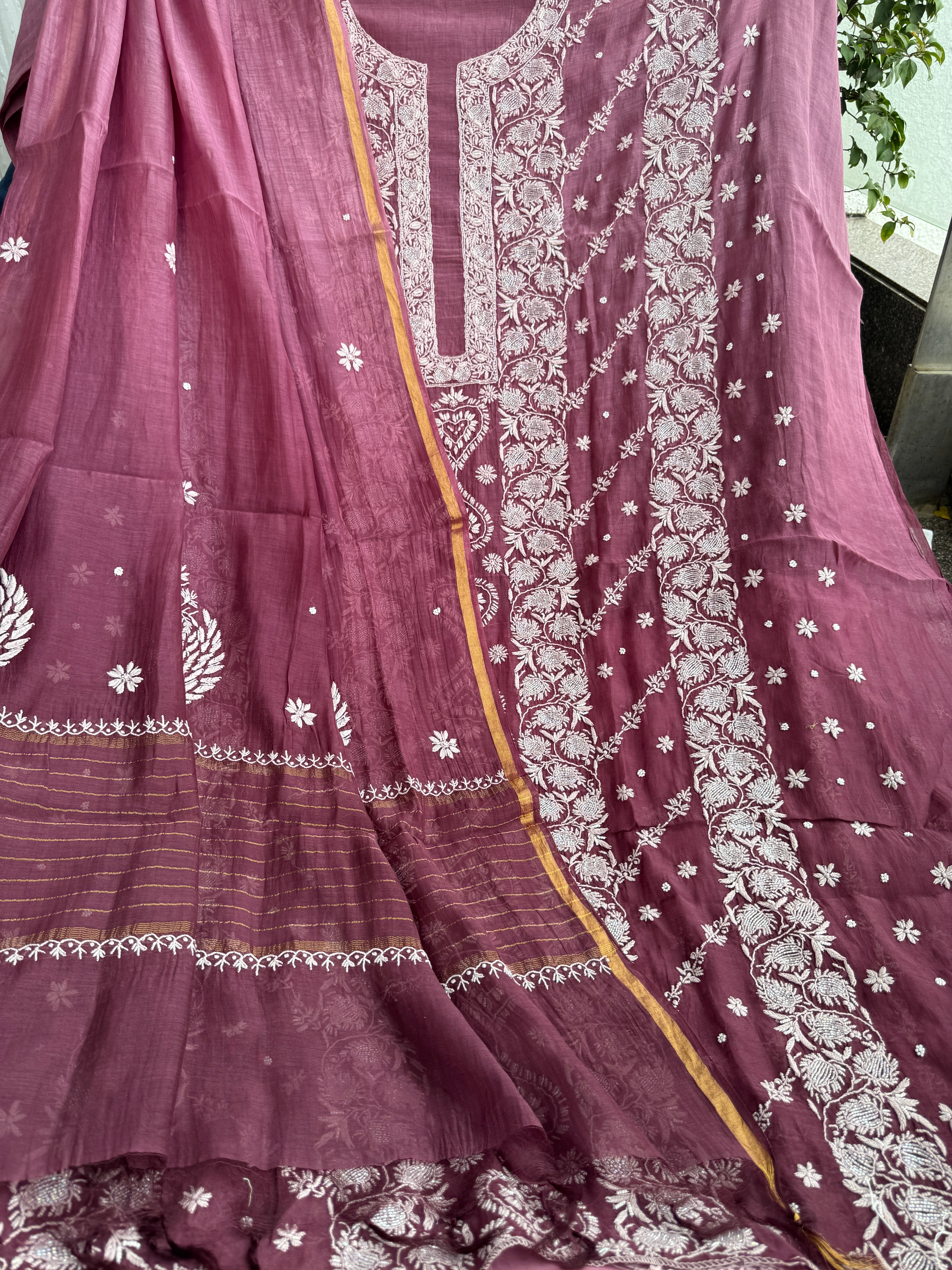 Mul Chanderi Chikankari - Heavy Unstitched Set - Plum Purple Ombre ARIAA CHIKANKARI 
