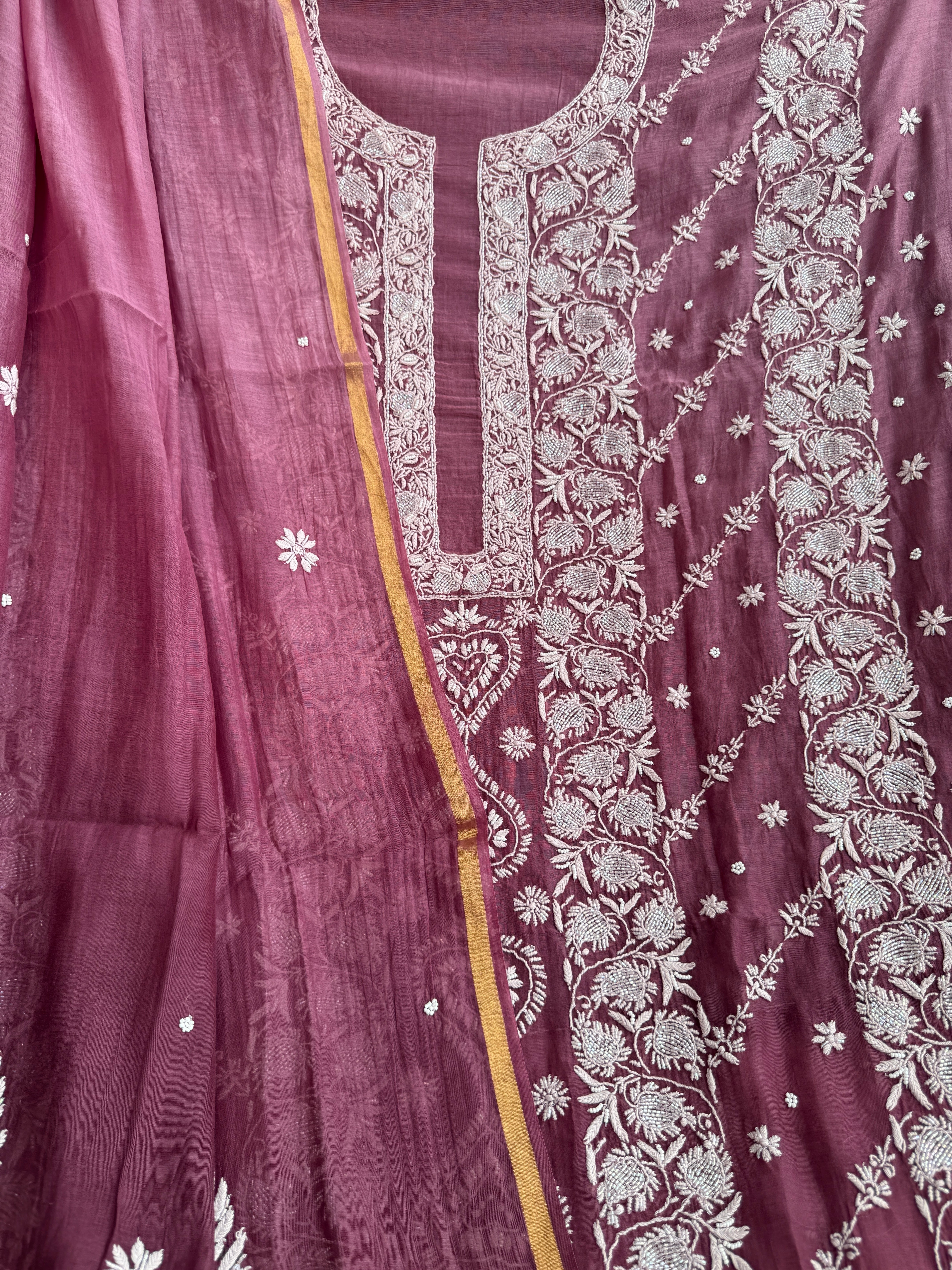 Mul Chanderi Chikankari - Heavy Unstitched Set - Plum Purple Ombre ARIAA CHIKANKARI 
