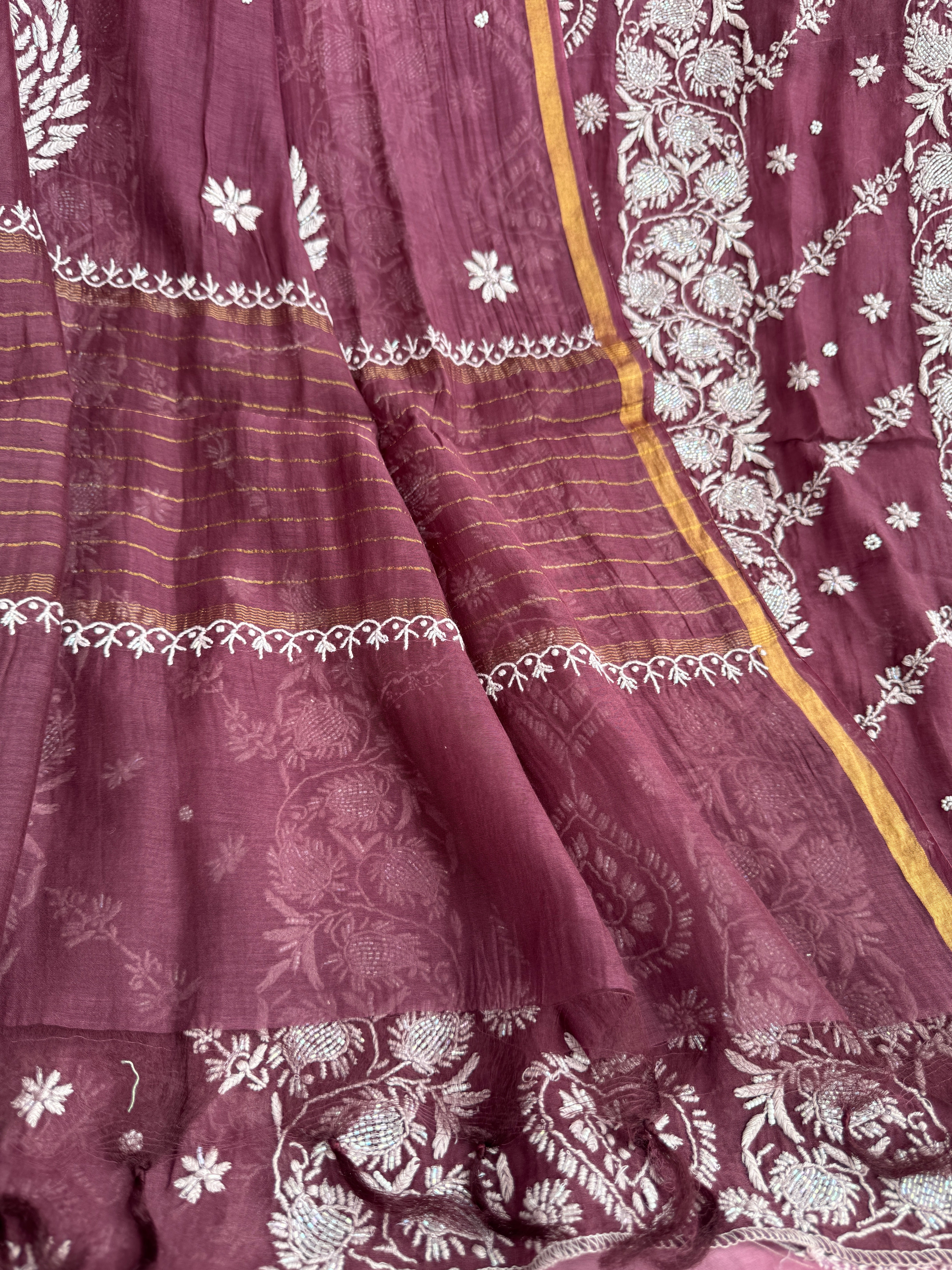 Mul Chanderi Chikankari - Heavy Unstitched Set - Plum Purple Ombre ARIAA CHIKANKARI 