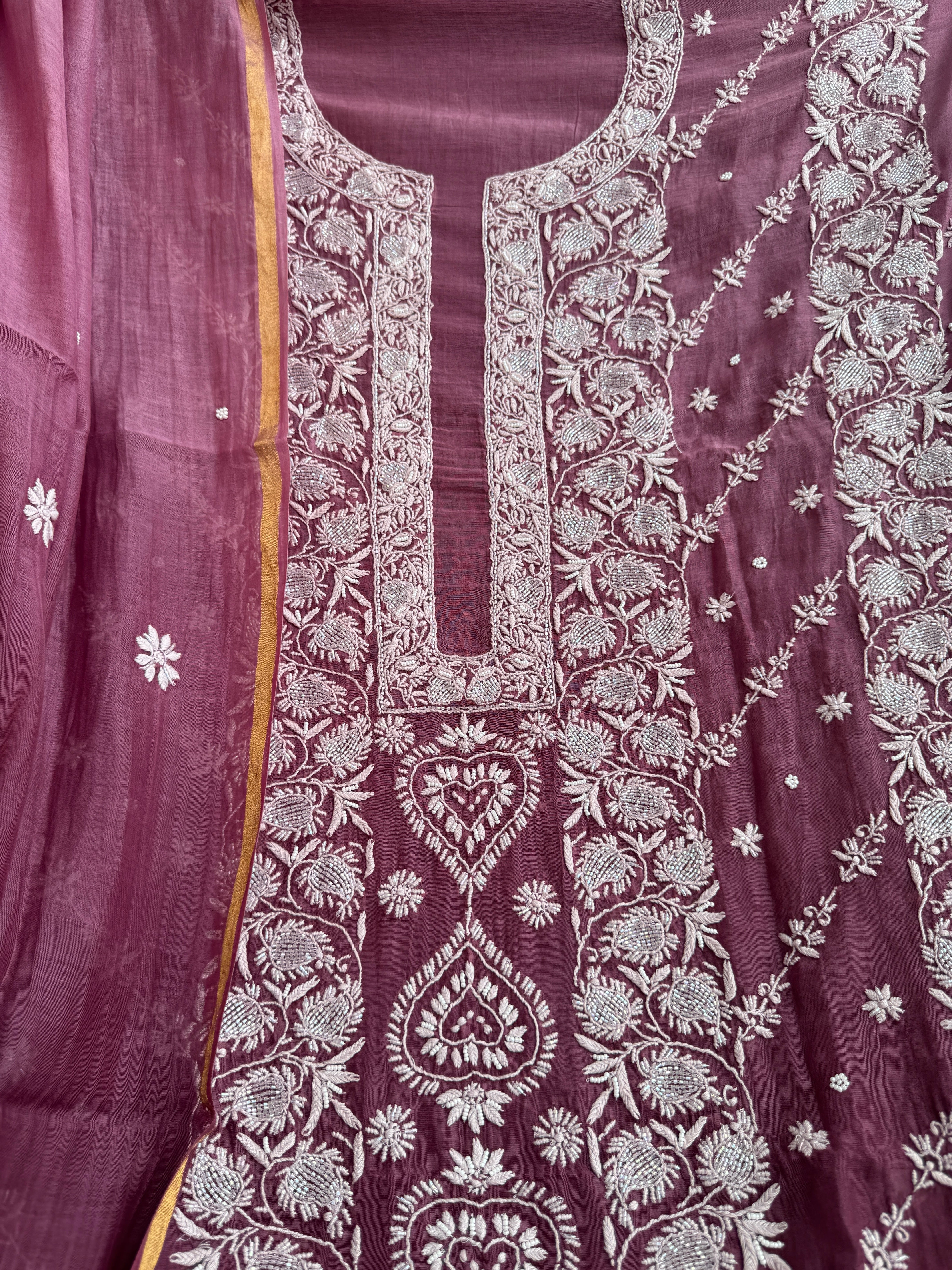 Mul Chanderi Chikankari - Heavy Unstitched Set - Plum Purple Ombre ARIAA CHIKANKARI 