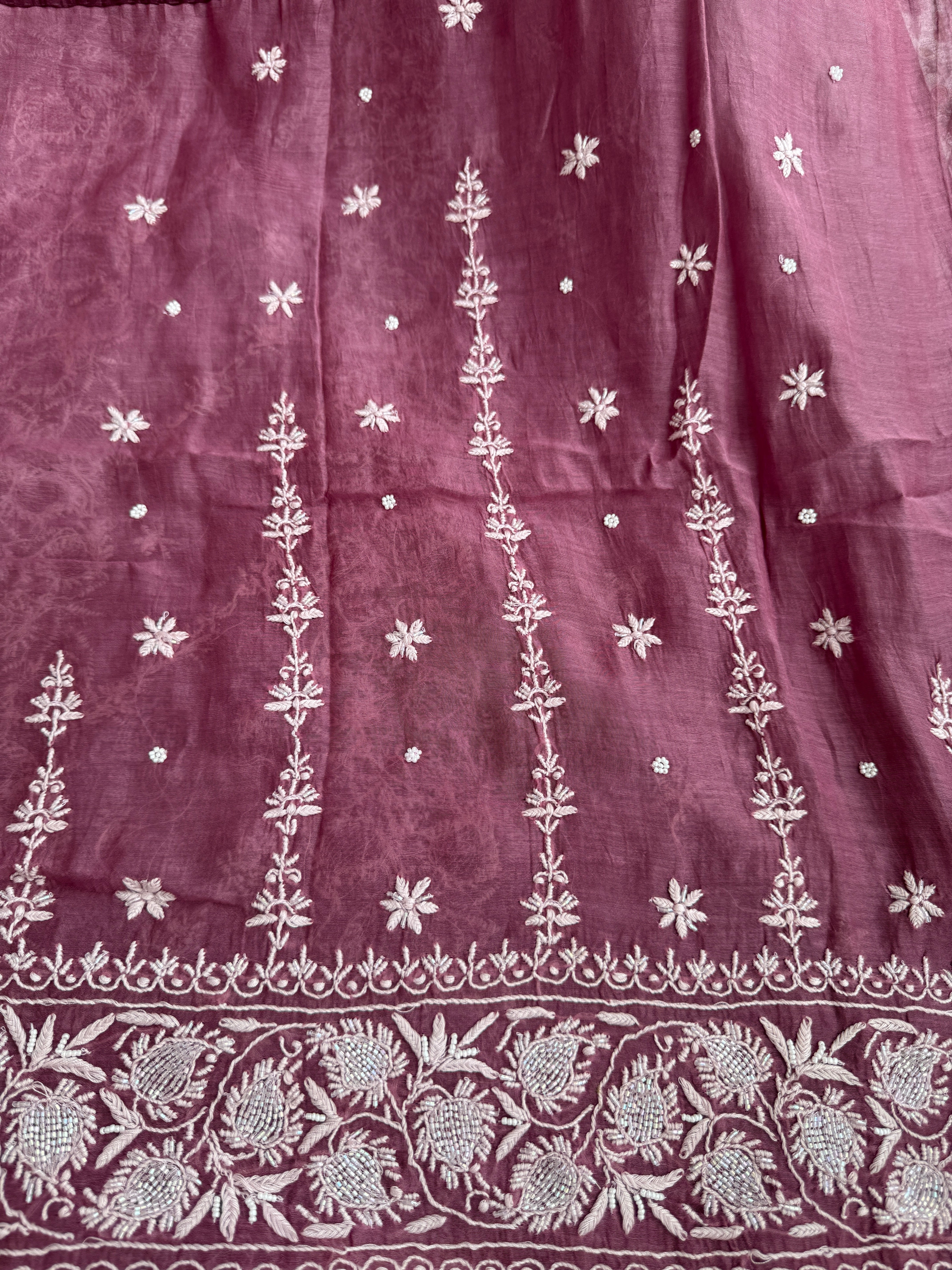 Mul Chanderi Chikankari - Heavy Unstitched Set - Plum Purple Ombre ARIAA CHIKANKARI 