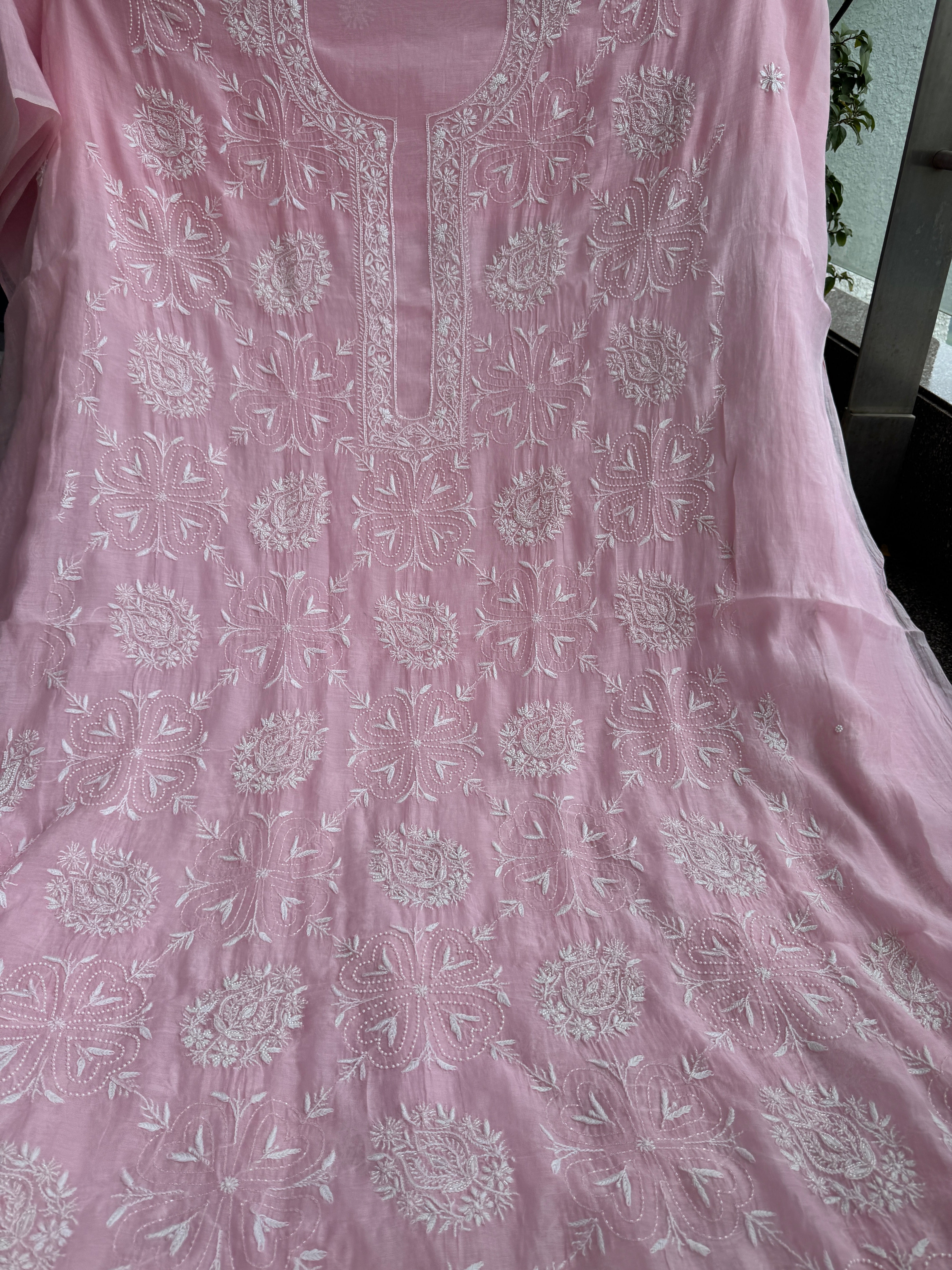 Mul Chanderi Chikankari - Heavy Unstitched Set - Pink ARIAA CHIKANKARI 