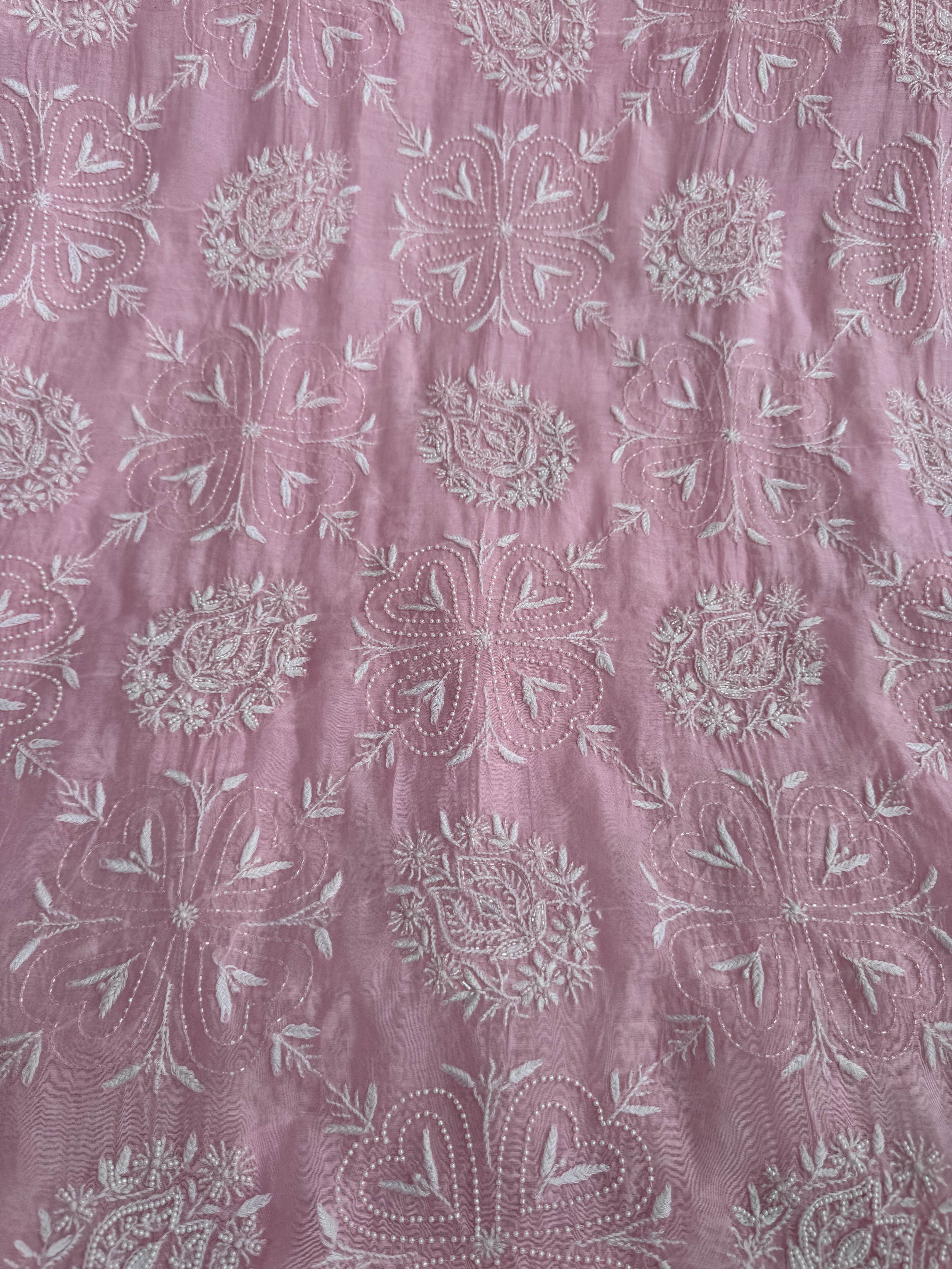 Mul Chanderi Chikankari - Heavy Unstitched Set - Pink ARIAA CHIKANKARI 