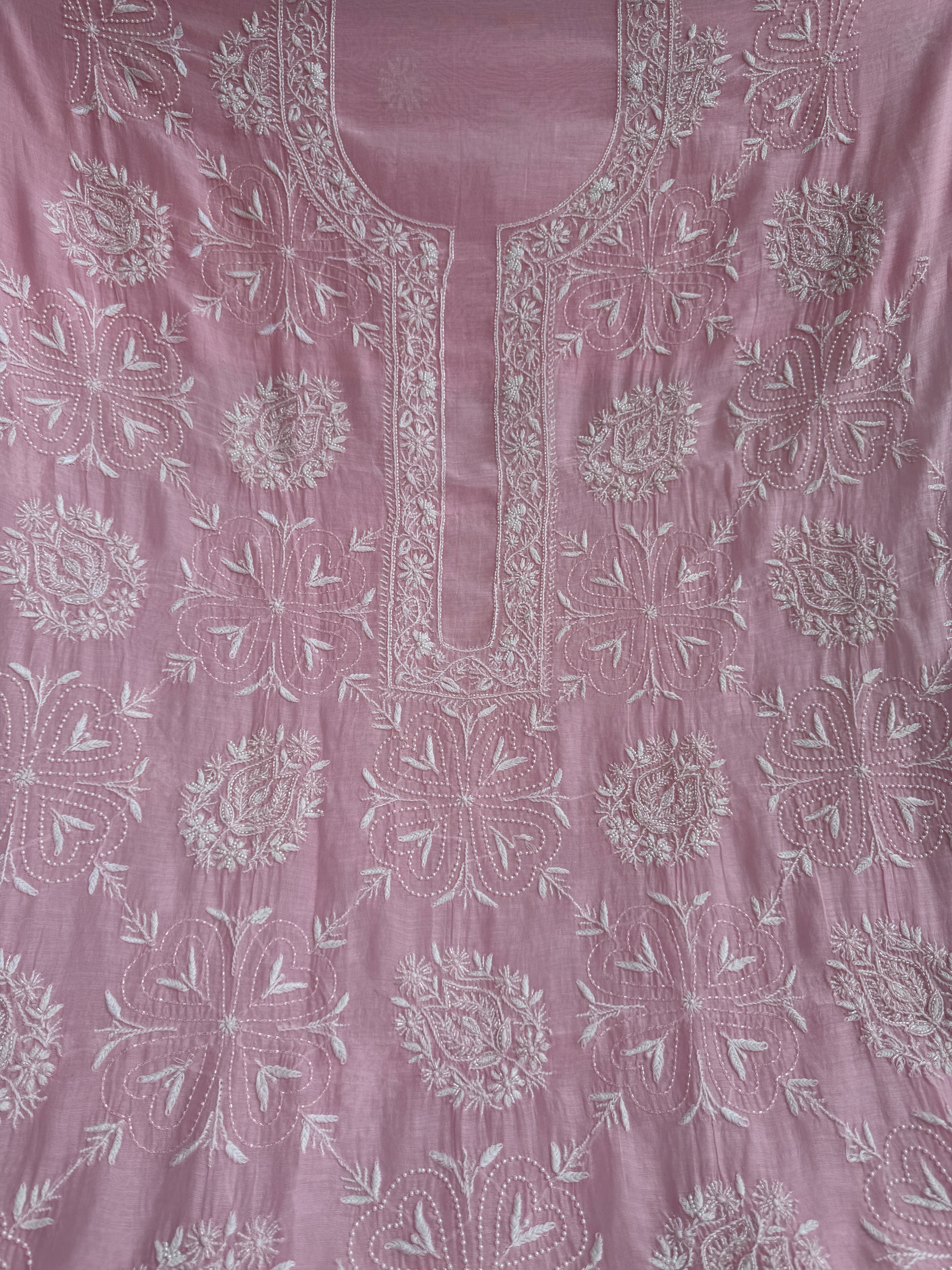 Mul Chanderi Chikankari - Heavy Unstitched Set - Pink ARIAA CHIKANKARI 