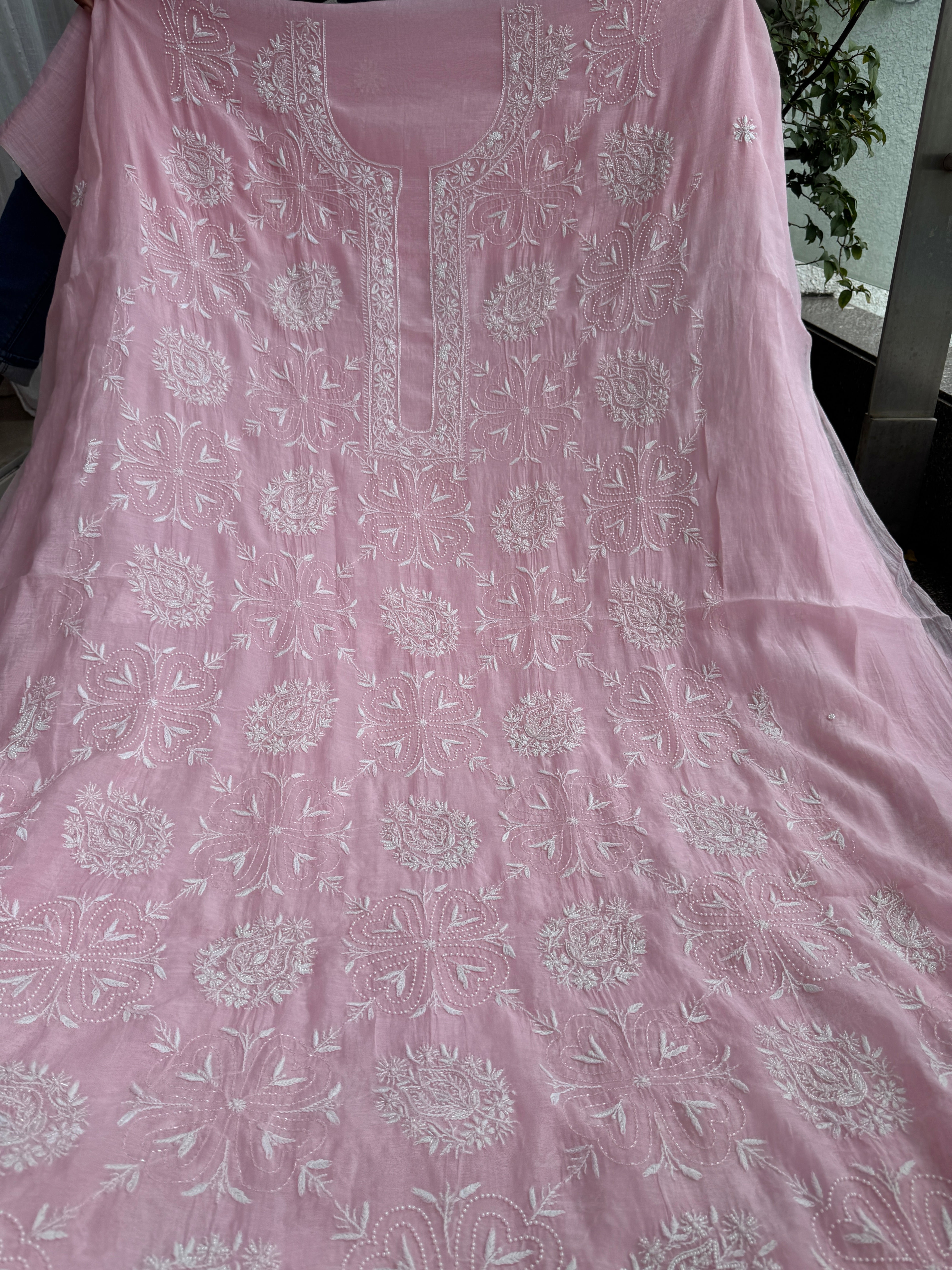 Mul Chanderi Chikankari - Heavy Unstitched Set - Pink ARIAA CHIKANKARI 