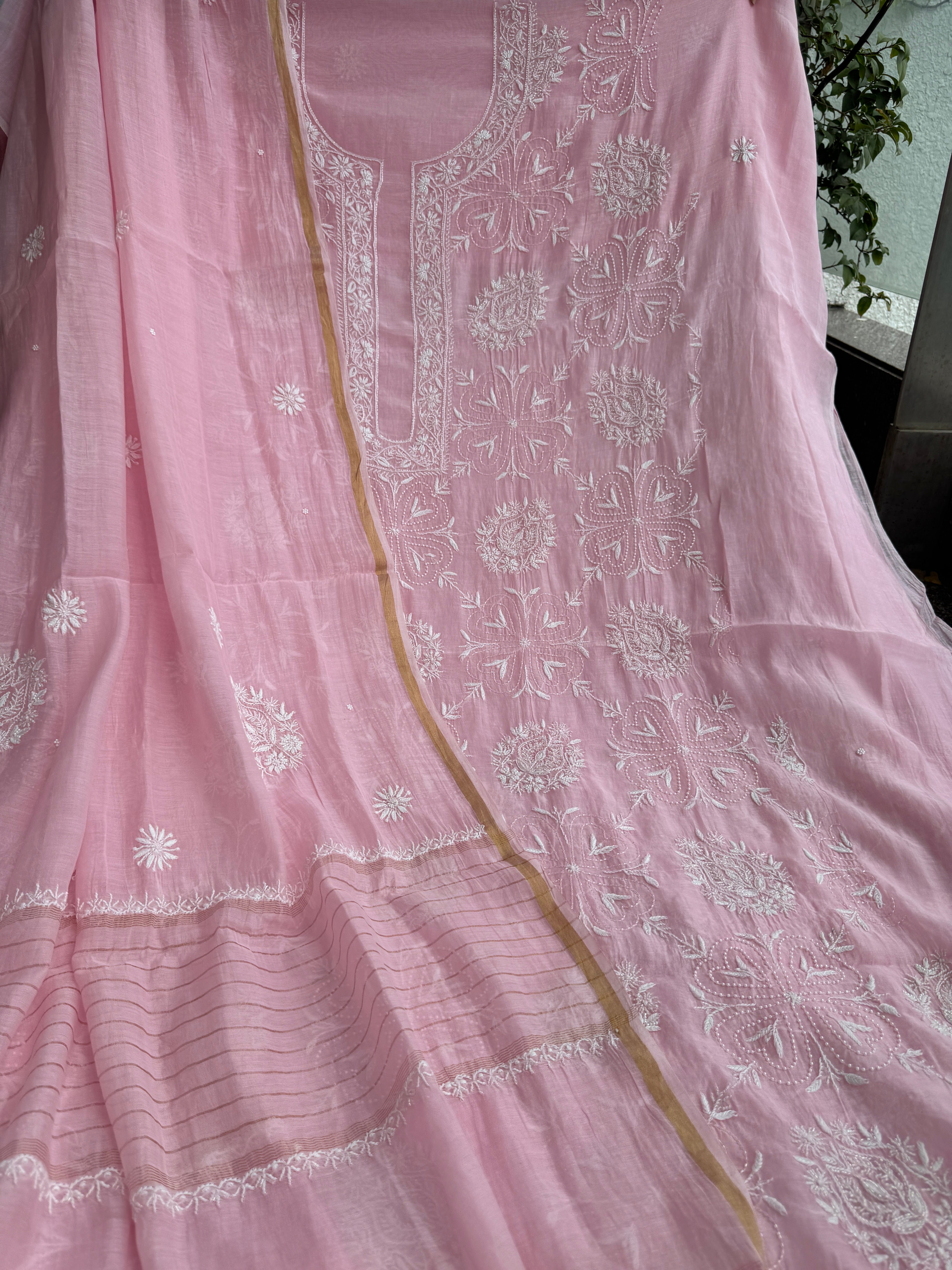 Mul Chanderi Chikankari - Heavy Unstitched Set - Pink ARIAA CHIKANKARI 