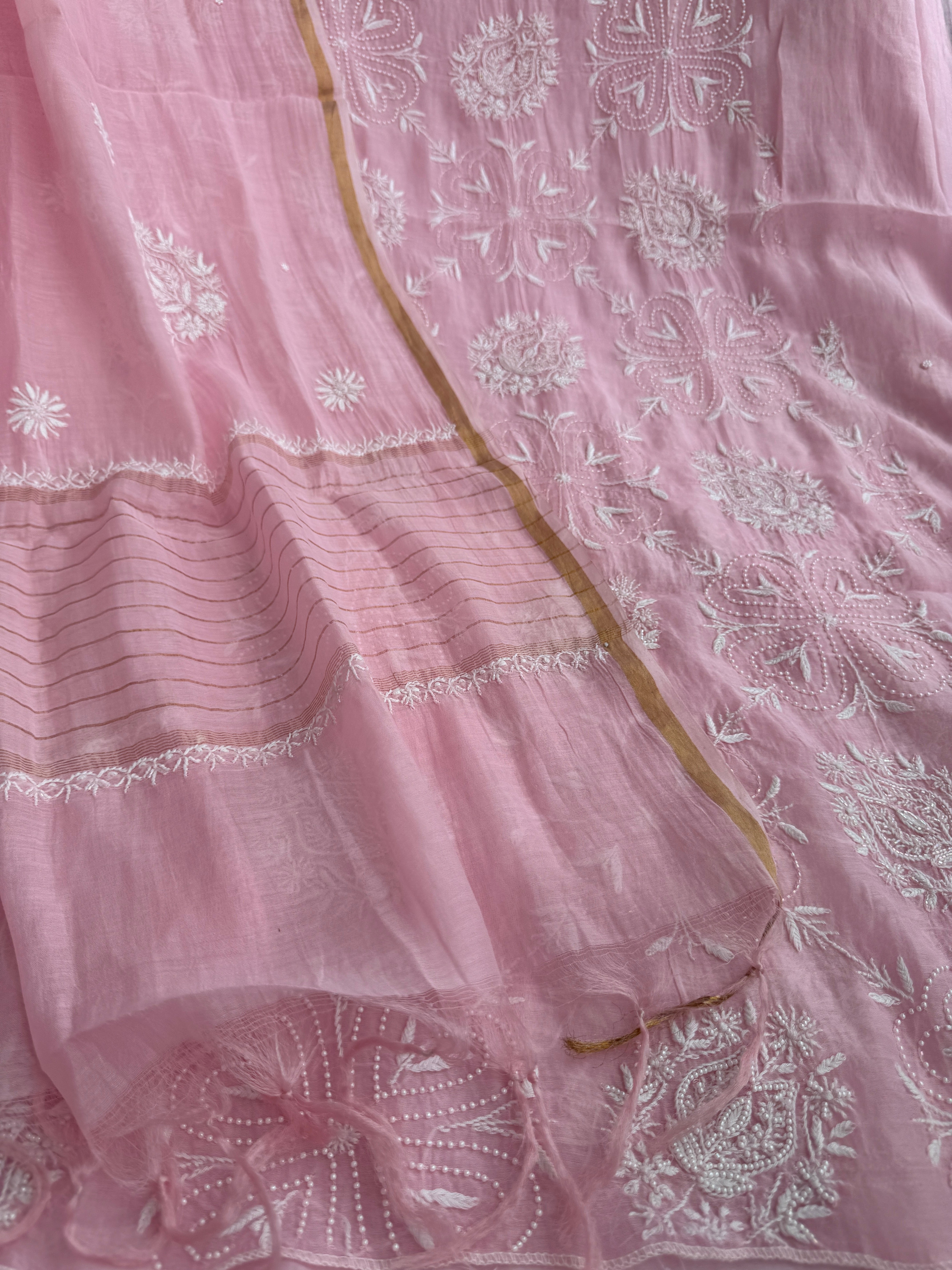 Mul Chanderi Chikankari - Heavy Unstitched Set - Pink ARIAA CHIKANKARI 