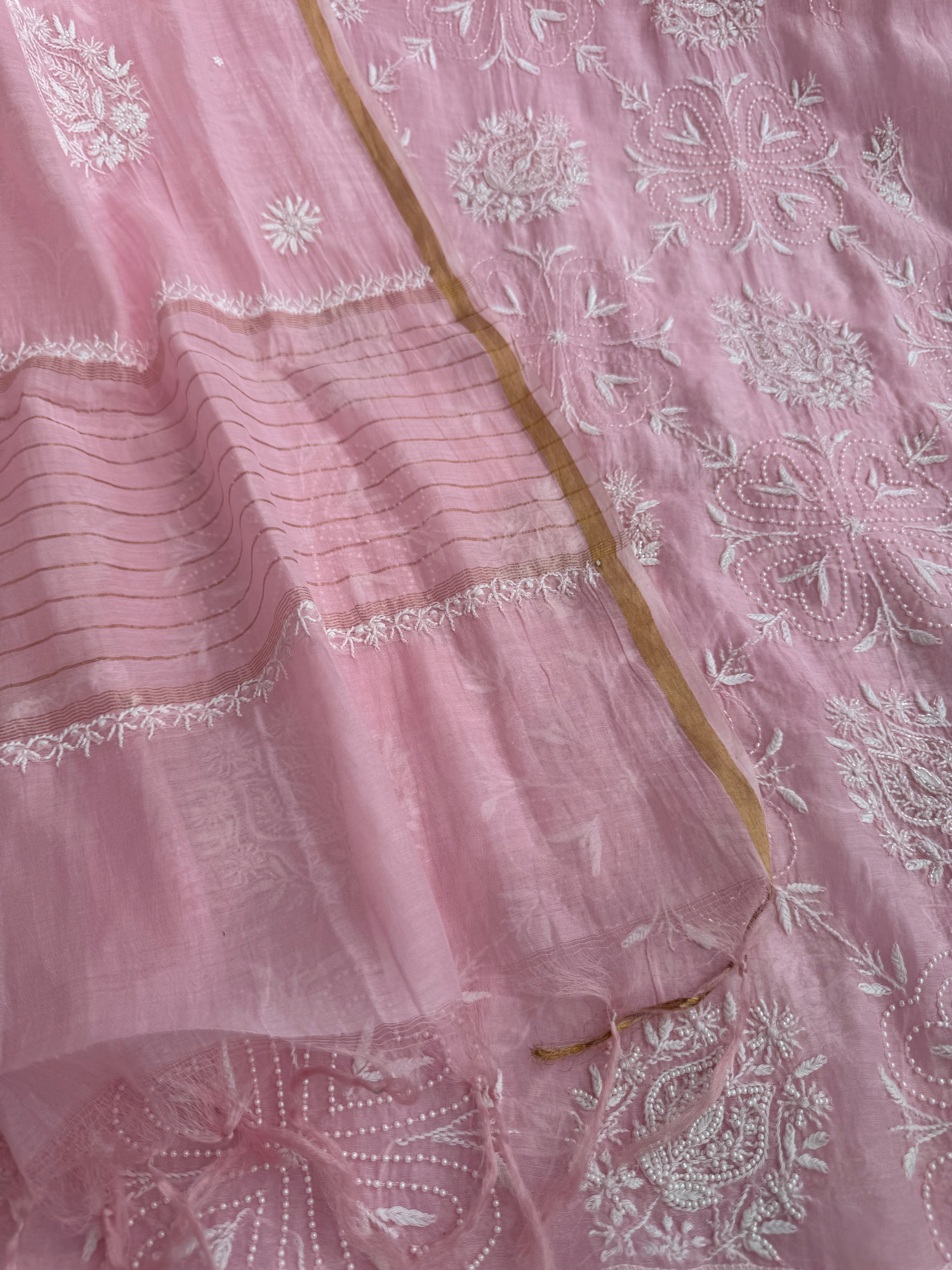 Mul Chanderi Chikankari - Heavy Unstitched Set - Pink ARIAA CHIKANKARI 