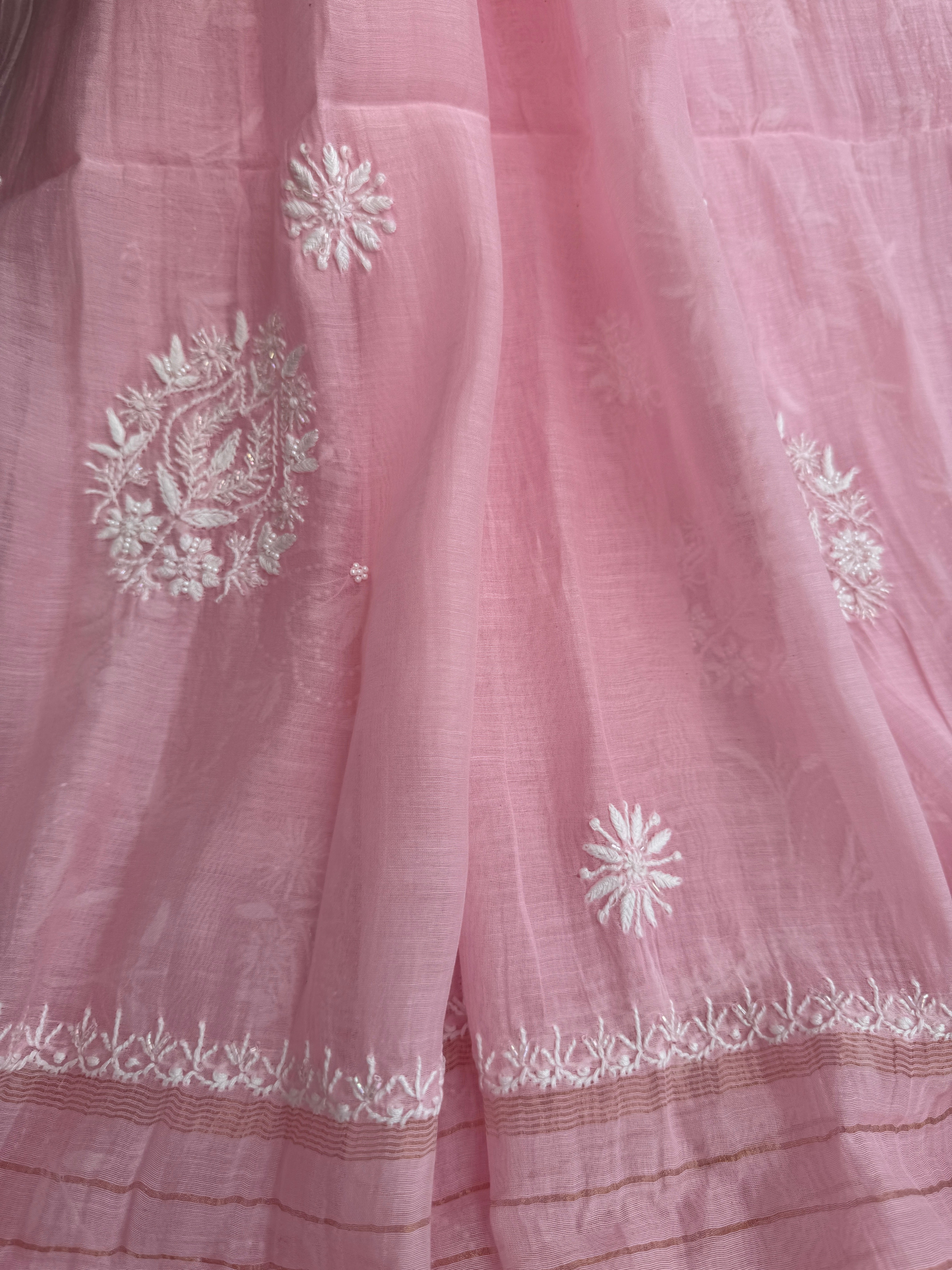 Mul Chanderi Chikankari - Heavy Unstitched Set - Pink ARIAA CHIKANKARI 