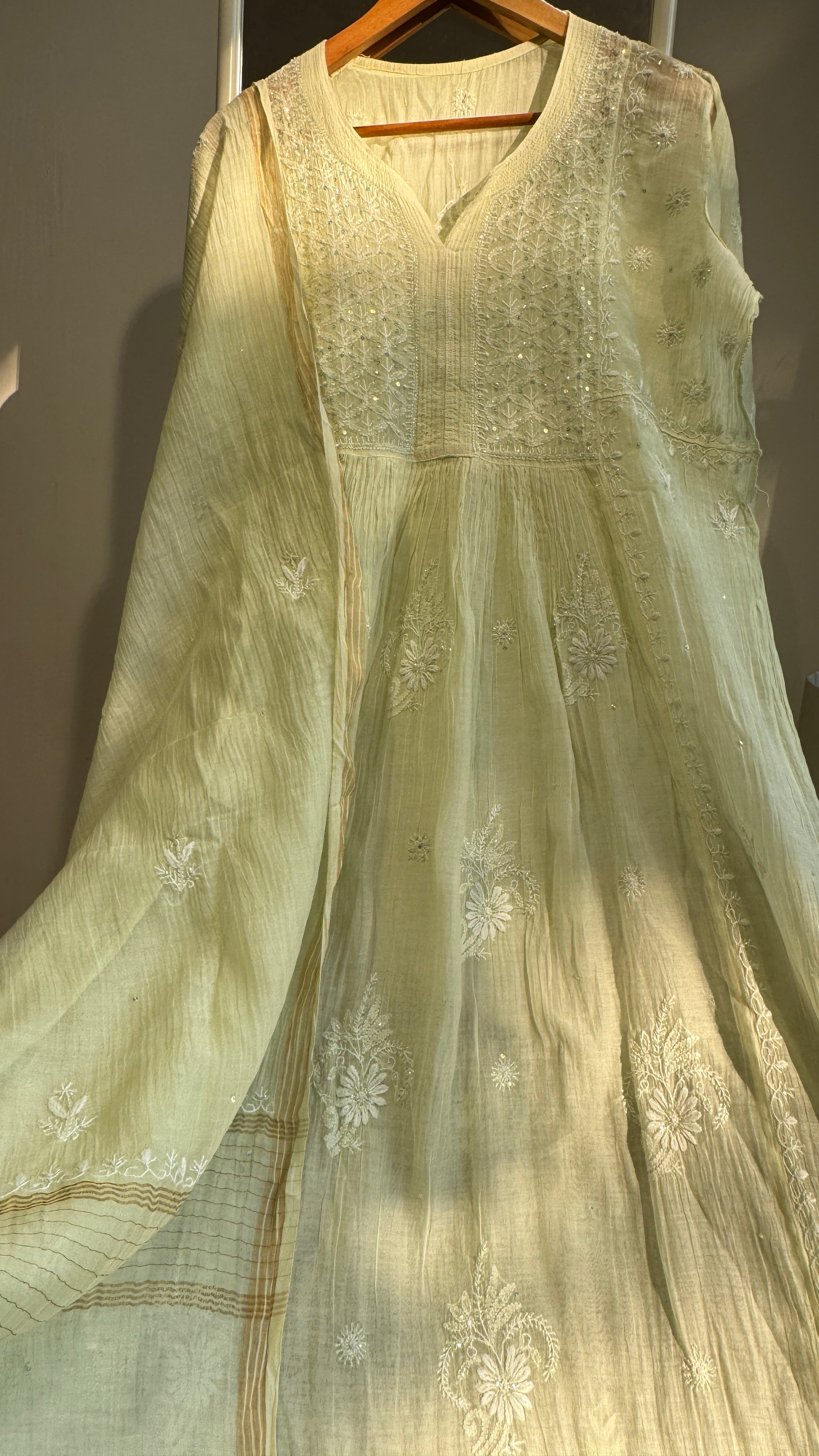 Mul Chanderi Chikankari Anarkali -Light Green
