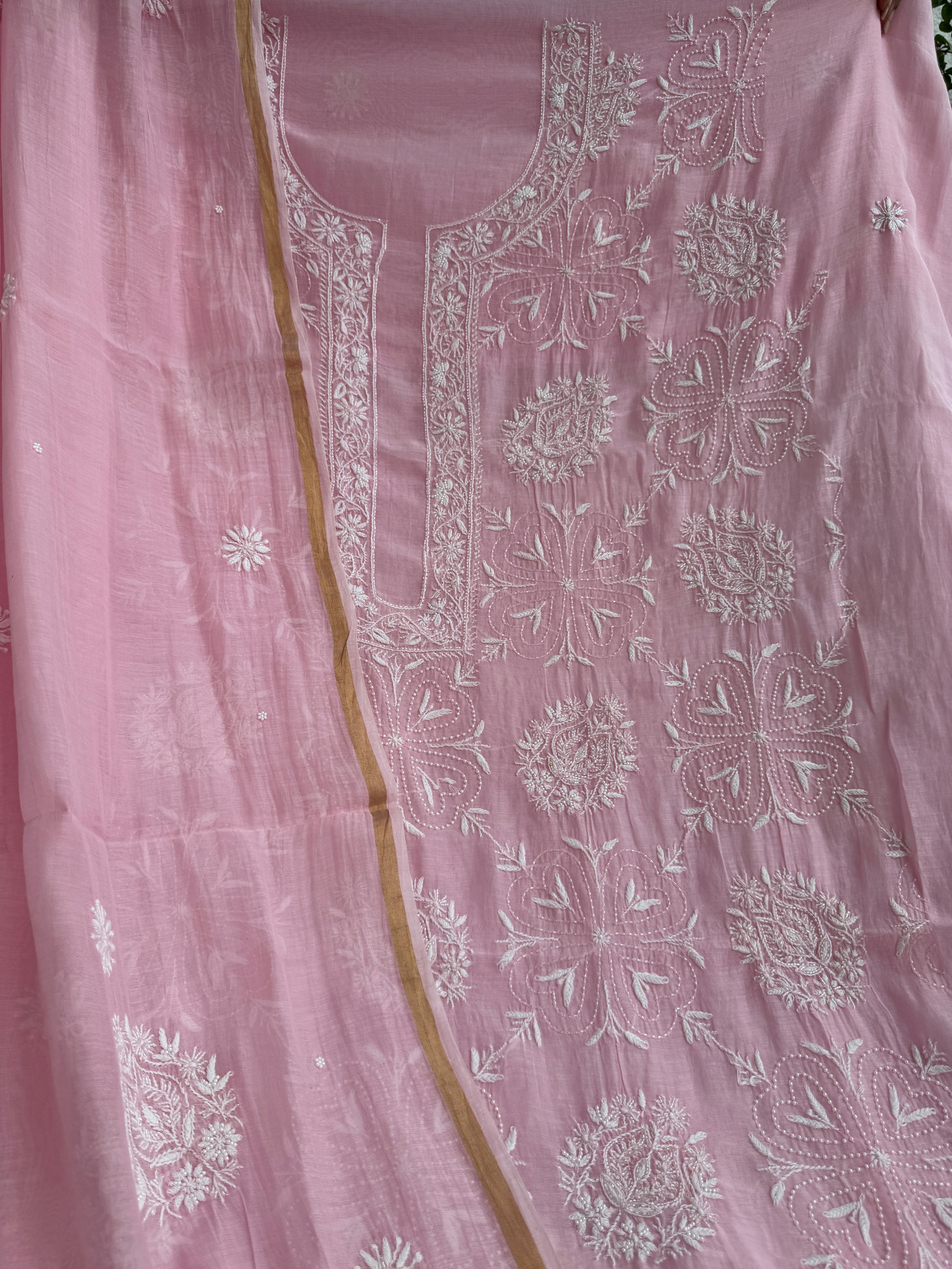 Mul Chanderi Chikankari - Heavy Unstitched Set - Pink ARIAA CHIKANKARI 