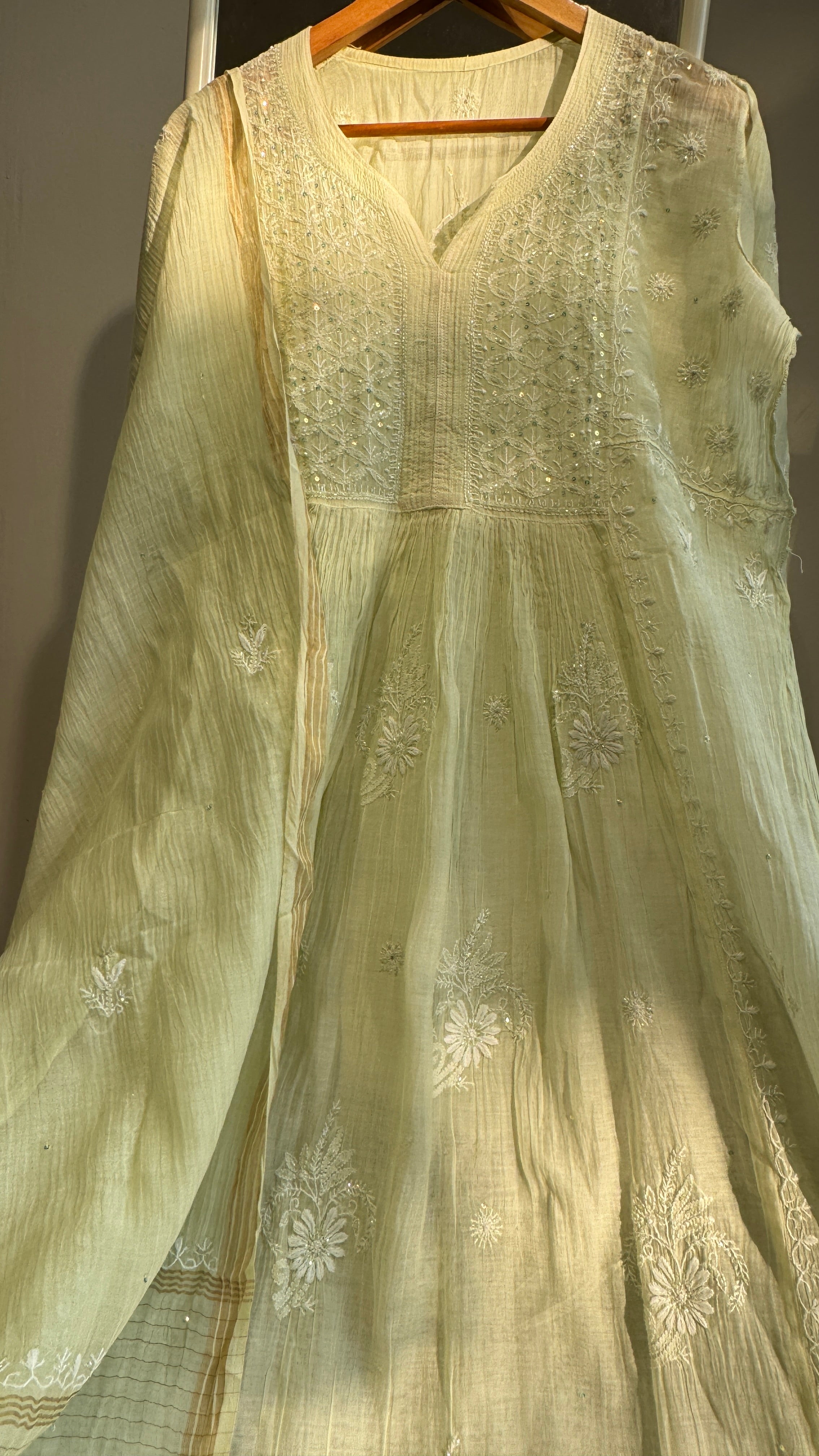 Mul Chanderi Chikankari Anarkali -Light Green