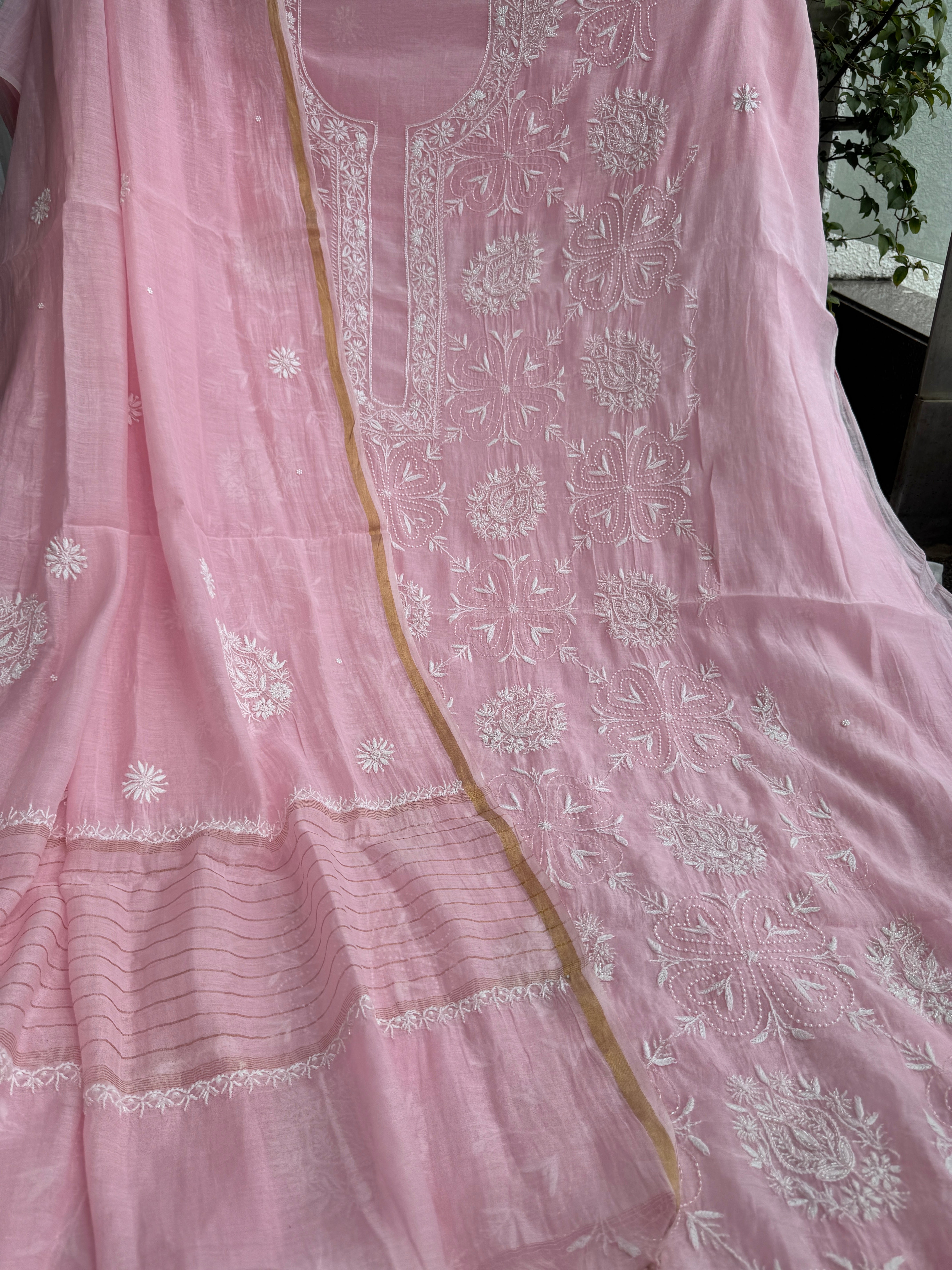 Mul Chanderi Chikankari - Heavy Unstitched Set - Pink ARIAA CHIKANKARI 