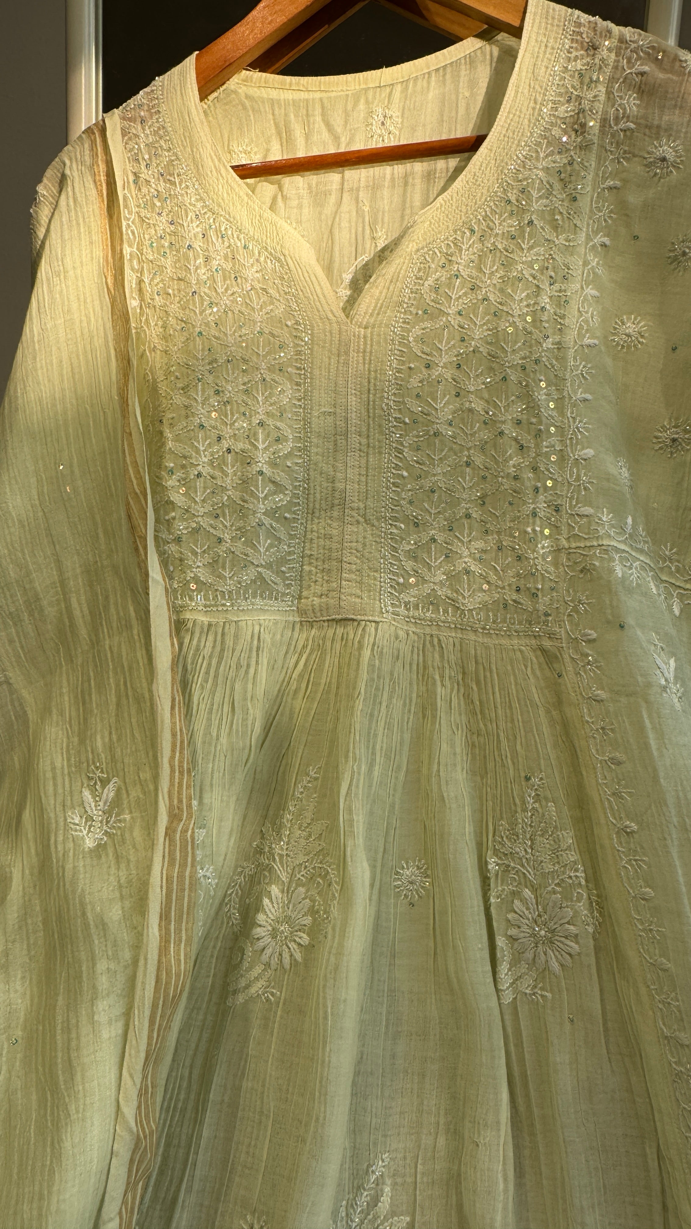 Mul Chanderi Chikankari Anarkali -Light Green