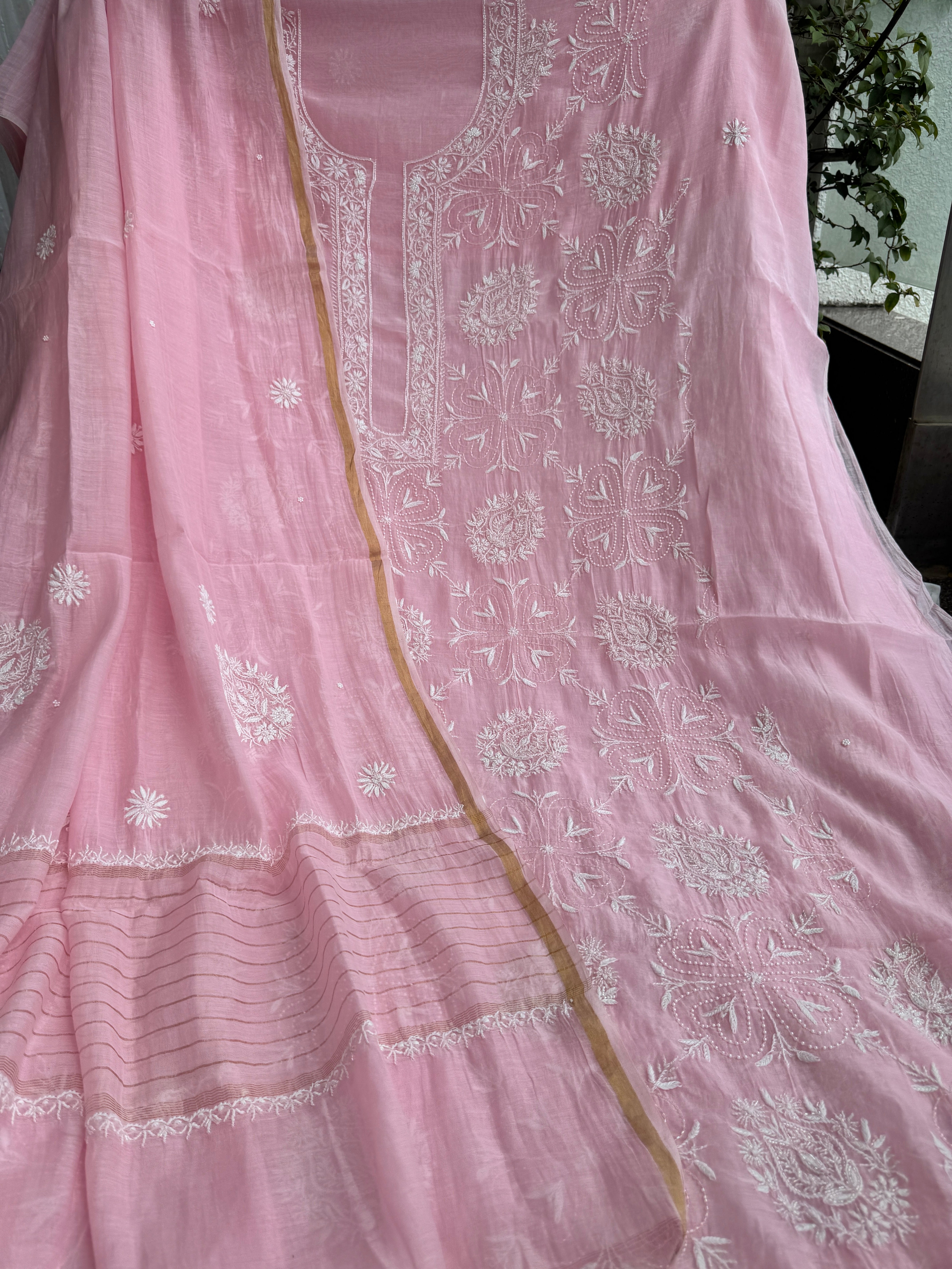 Mul Chanderi Chikankari - Heavy Unstitched Set - Pink ARIAA CHIKANKARI 