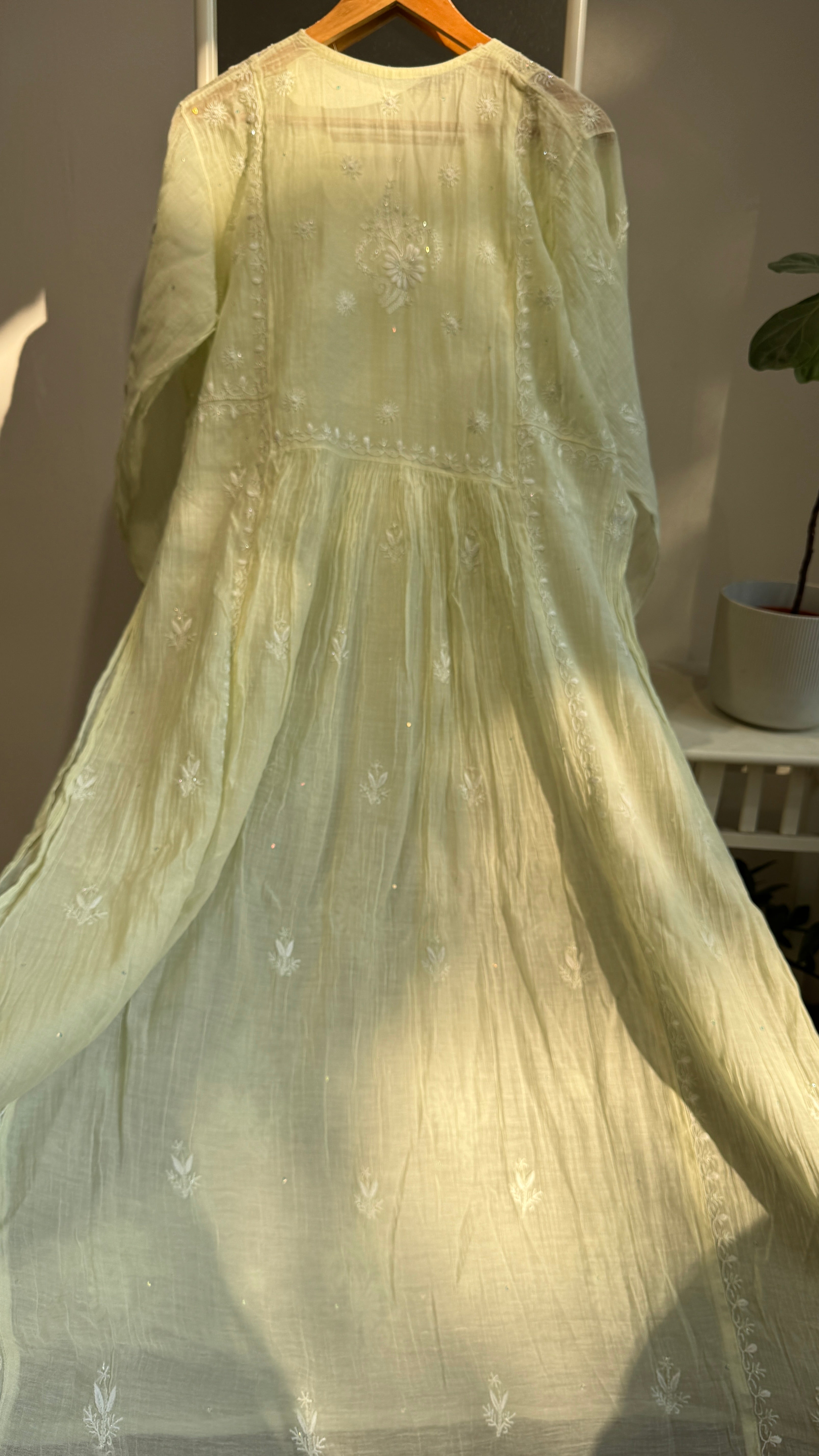 Mul Chanderi Chikankari Anarkali -Light Green