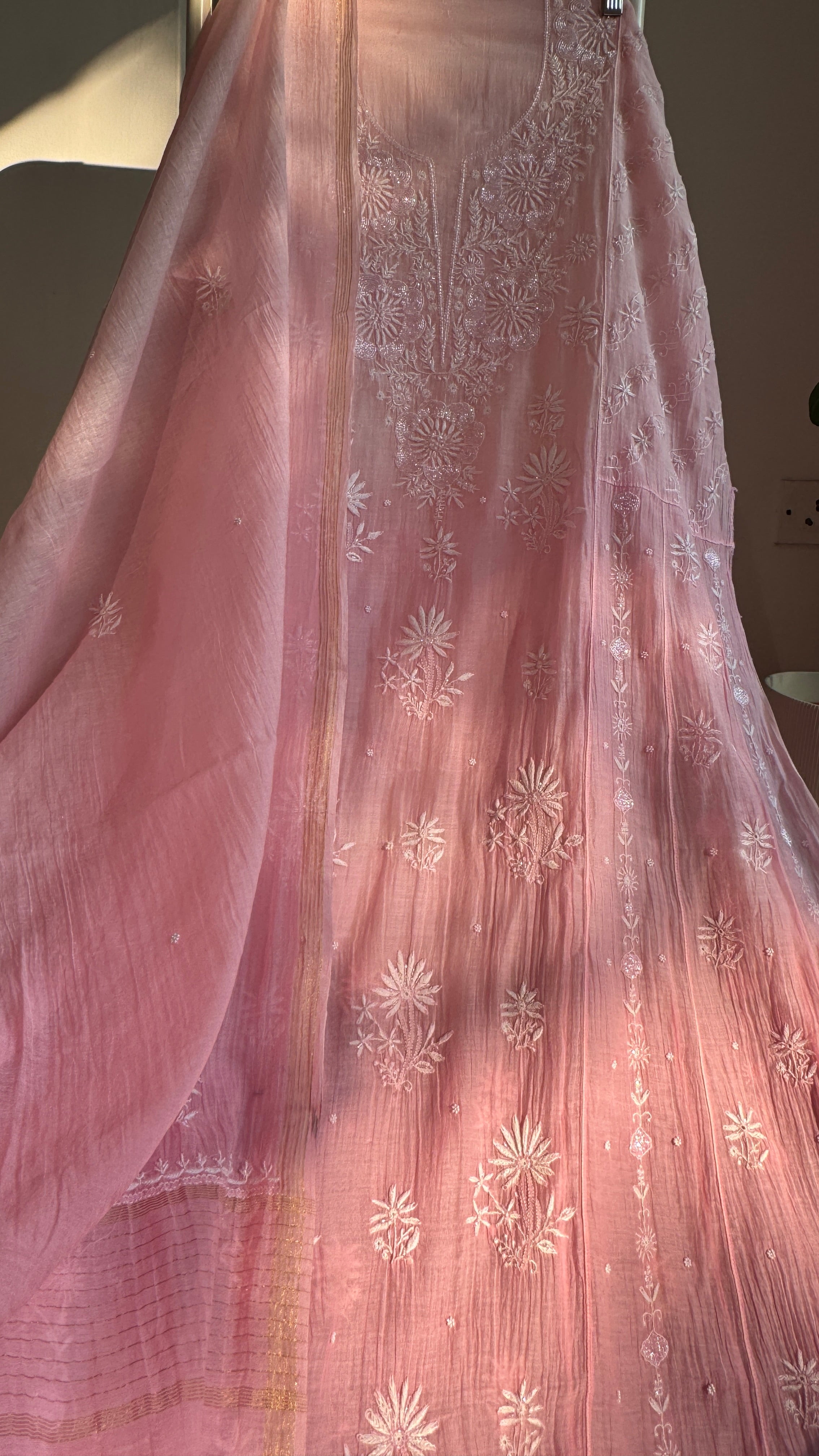 Mul Chanderi Chikankari Anarkali - Pink Ombre