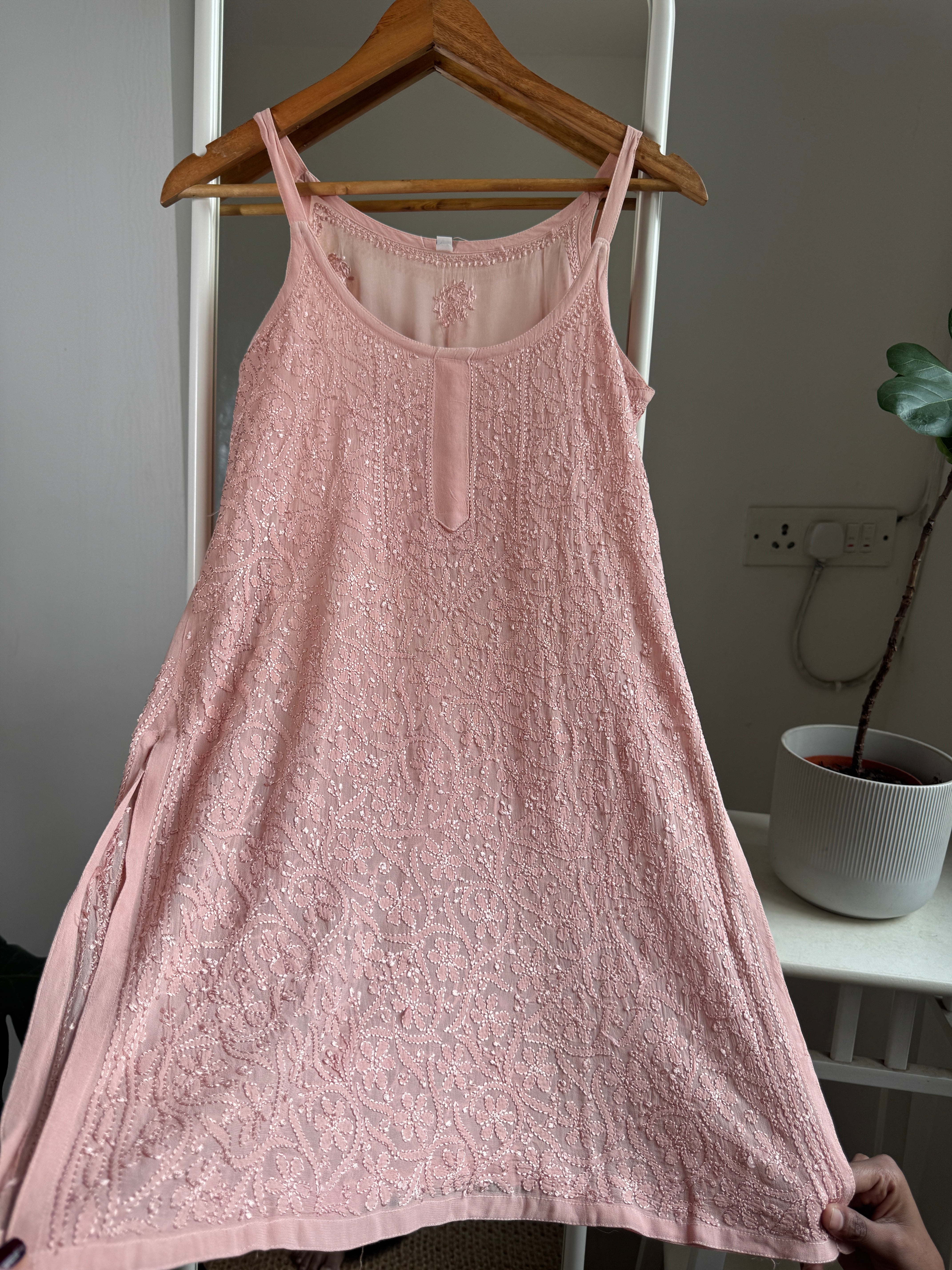 Chikankari Noodle Strap Top in Nude Pink ARIAA CHIKANKARI 
