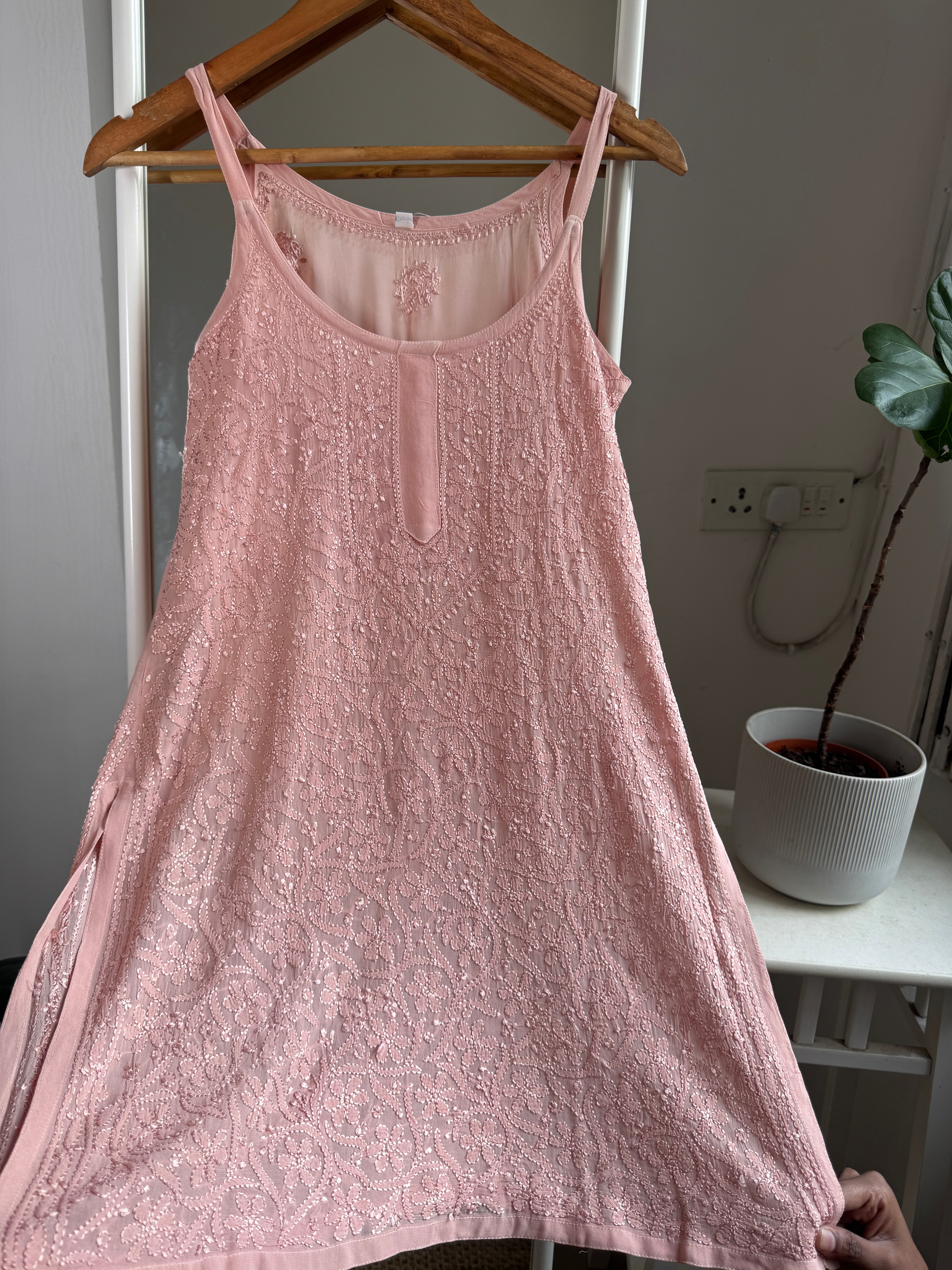 Chikankari Noodle Strap Top in Nude Pink ARIAA CHIKANKARI 
