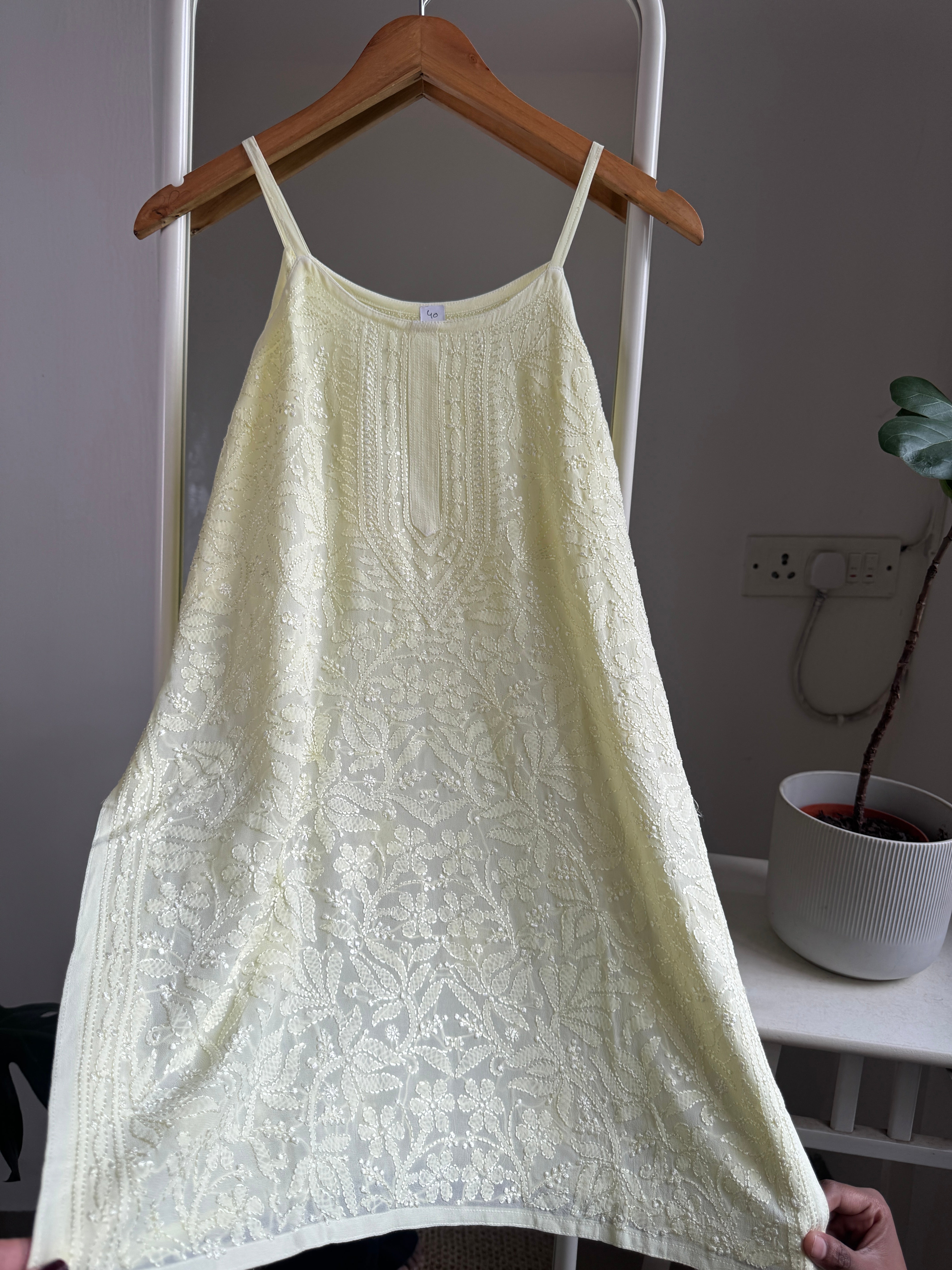 Chikankari Noodle Strap short Top in Lemon Yellow ARIAA CHIKANKARI 