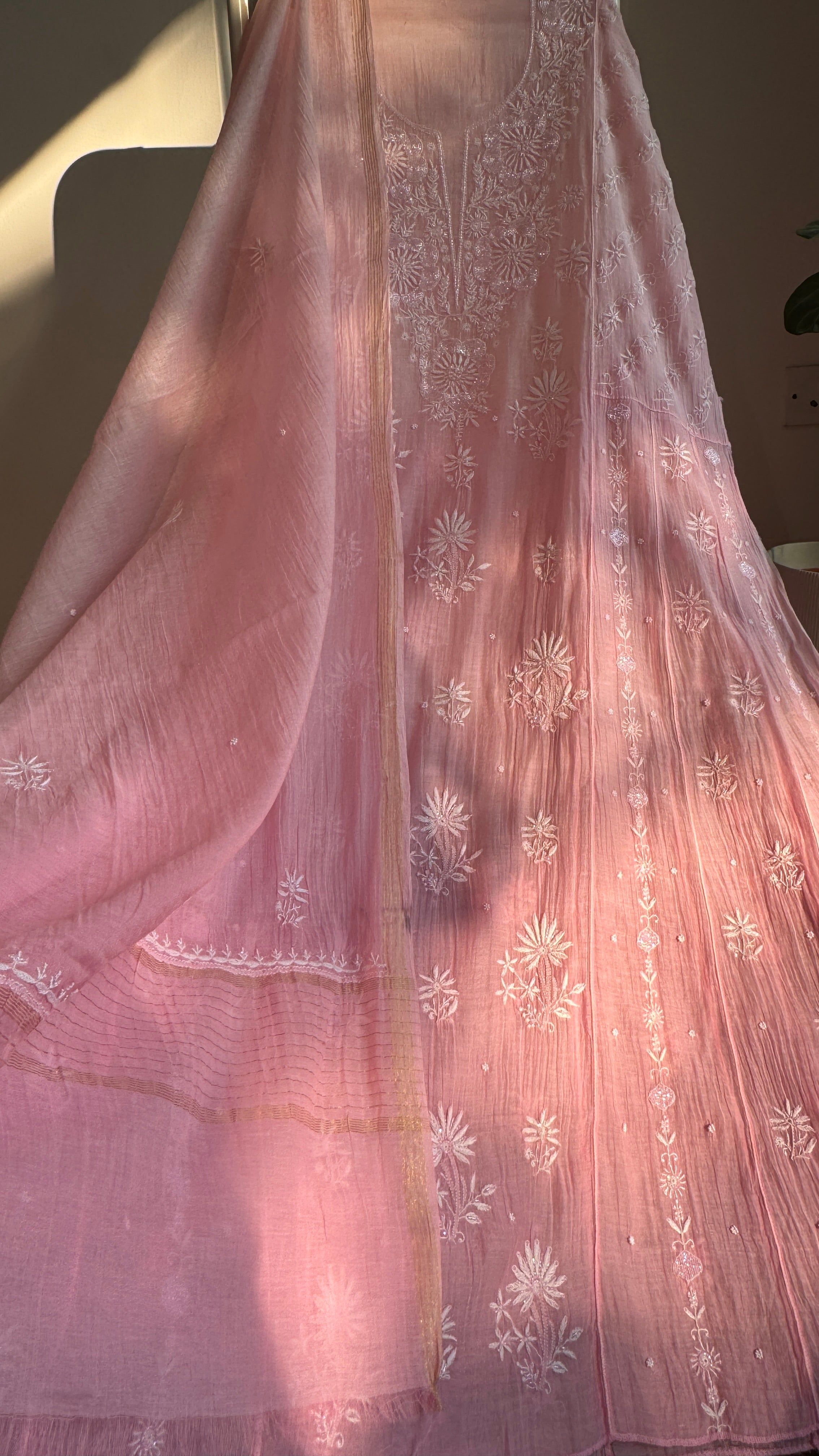 Mul Chanderi Chikankari Anarkali - Pink Ombre