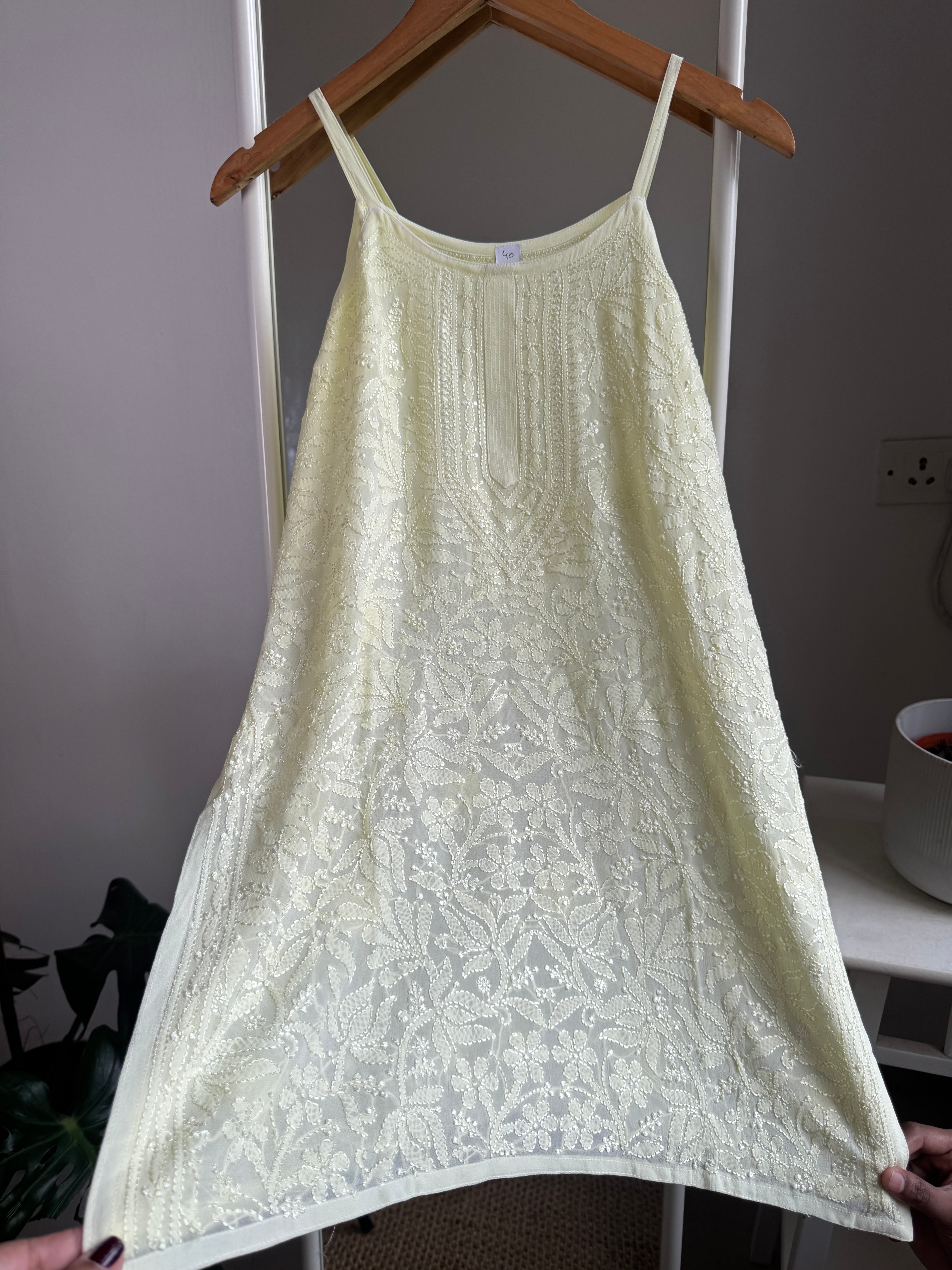 Chikankari Noodle Strap short Top in Lemon Yellow ARIAA CHIKANKARI 