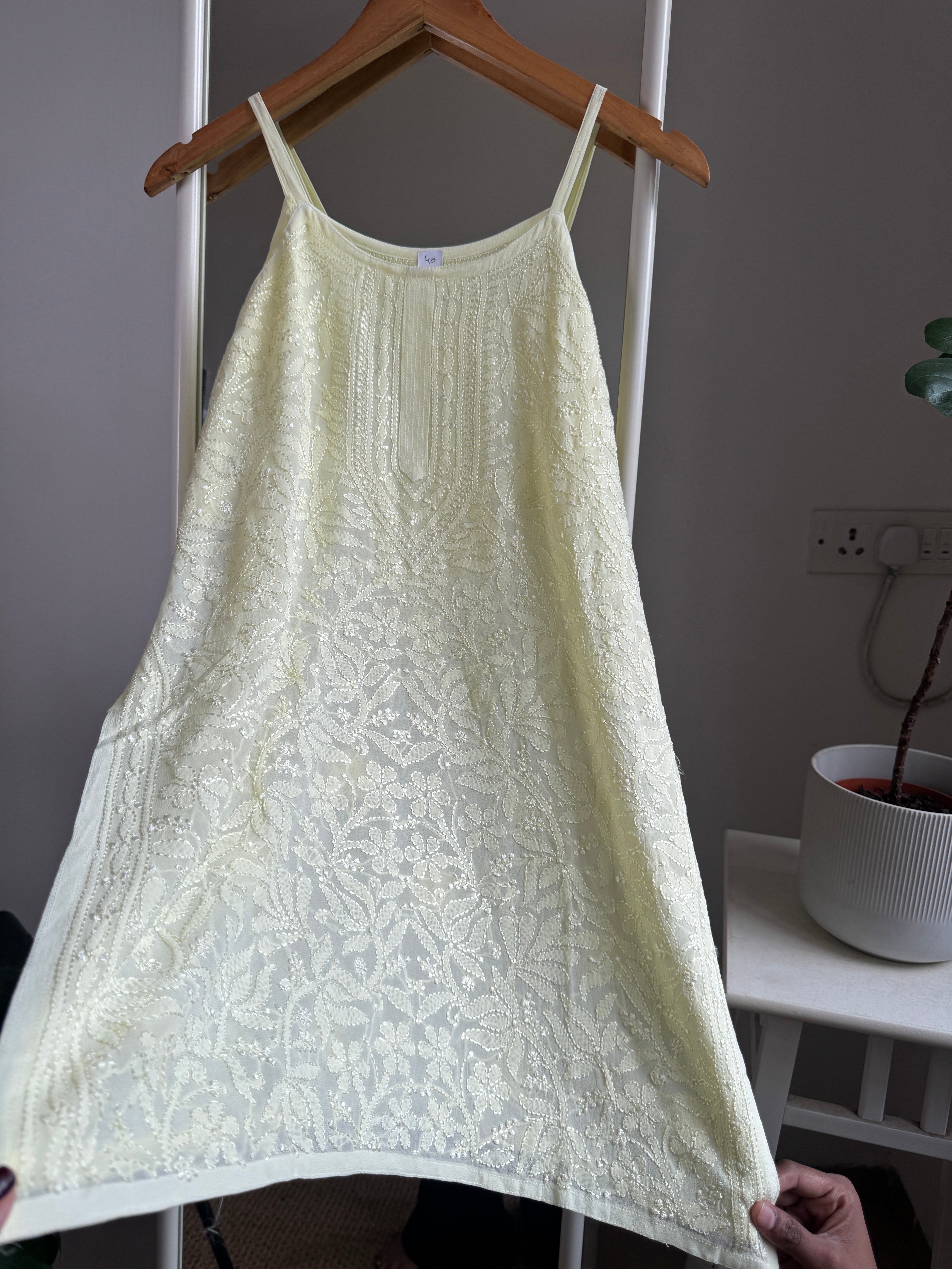 Chikankari Noodle Strap short Top in Lemon Yellow ARIAA CHIKANKARI 
