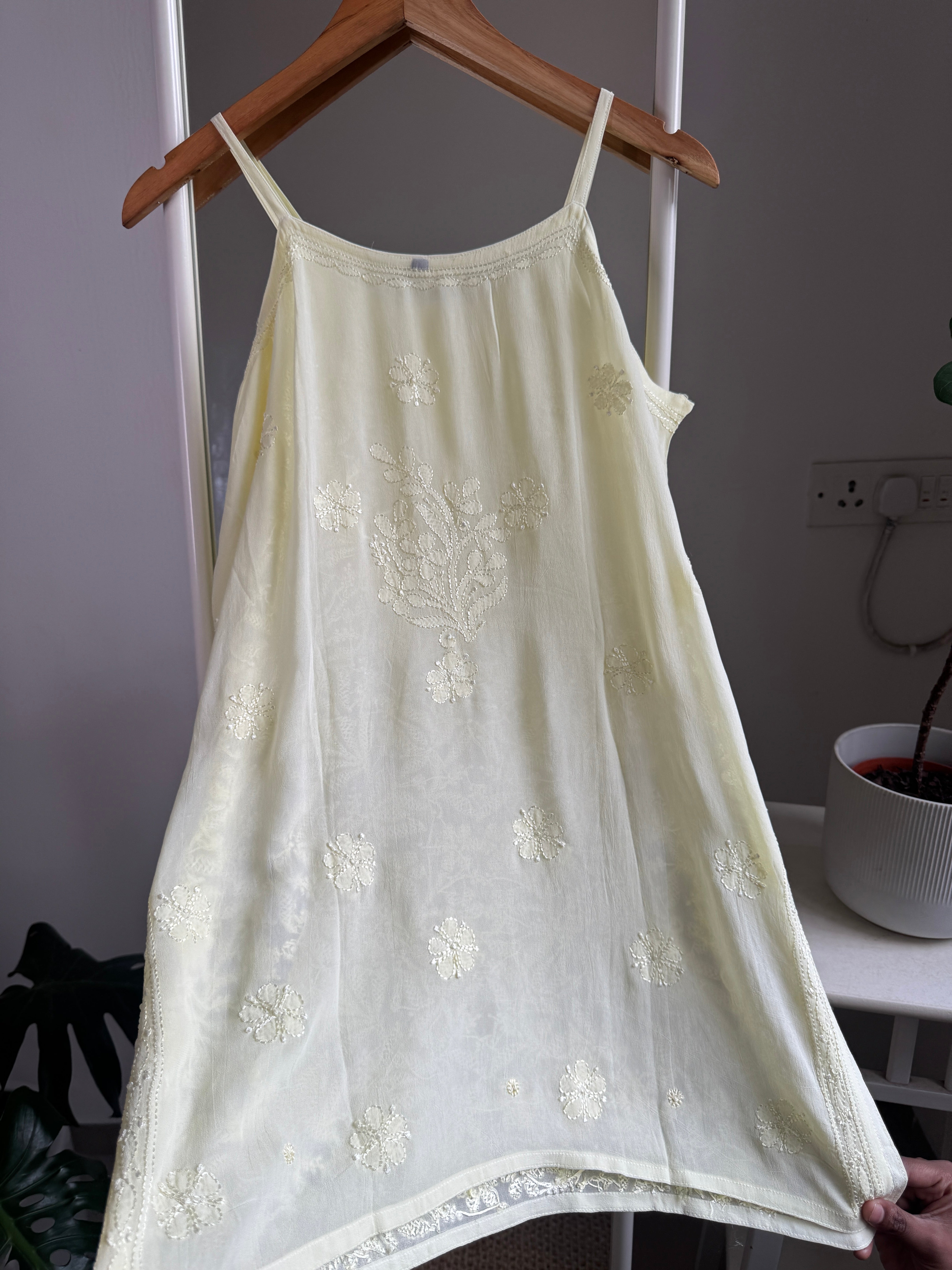 Chikankari Noodle Strap short Top in Lemon Yellow ARIAA CHIKANKARI 