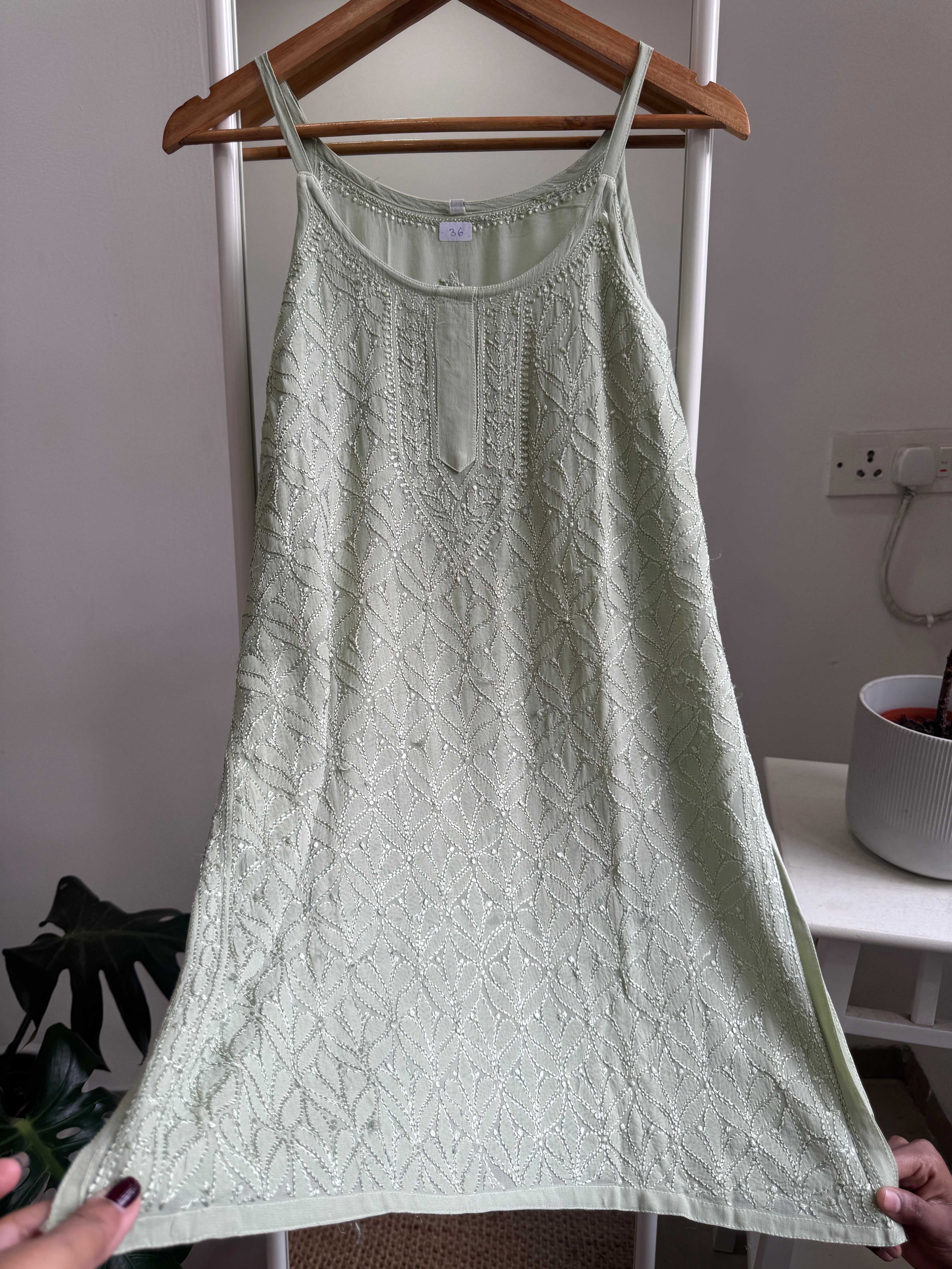 Chikankari Noodle Strap Top in Green ARIAA CHIKANKARI 