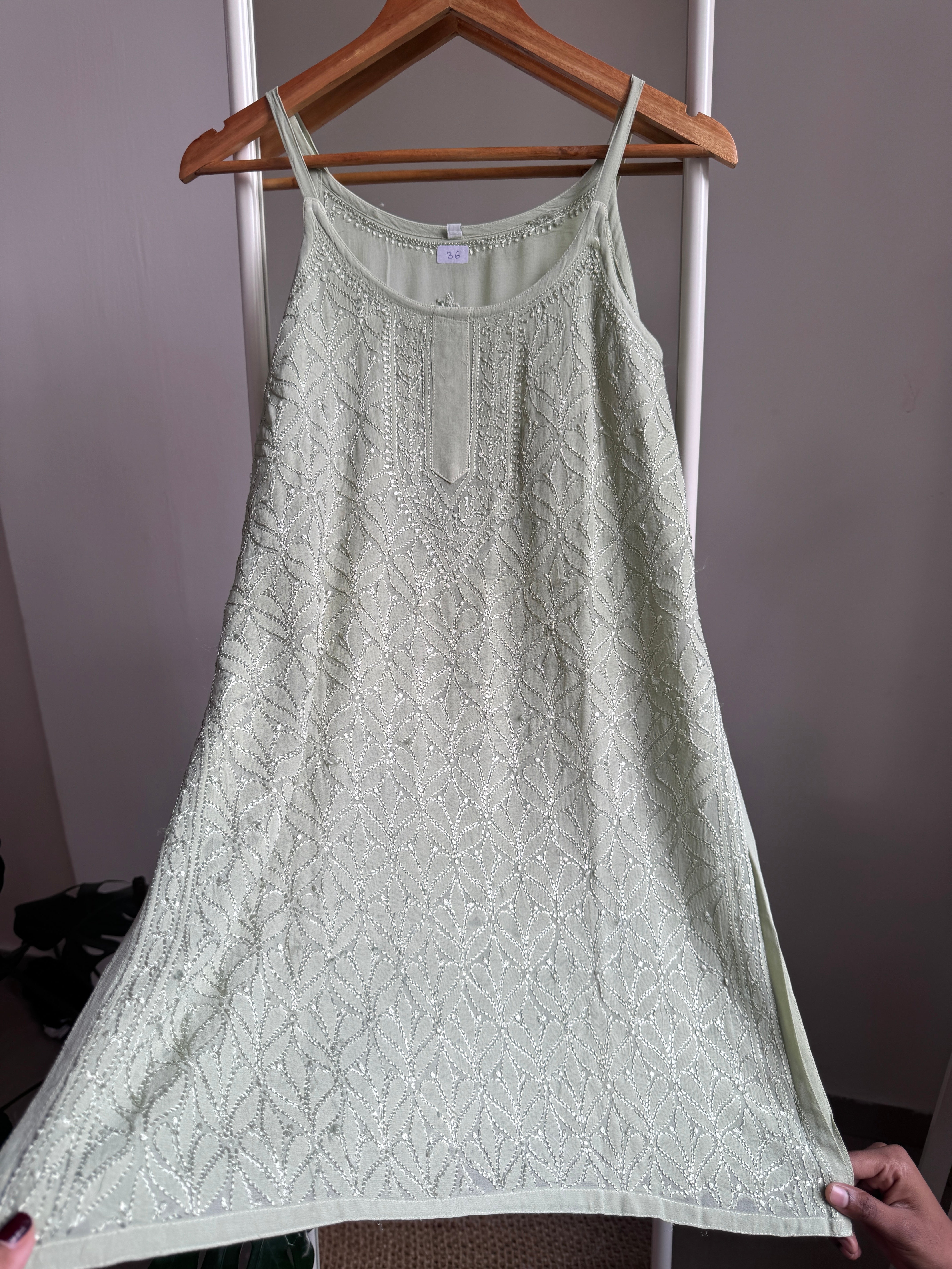 Chikankari Noodle Strap Top in Green ARIAA CHIKANKARI 
