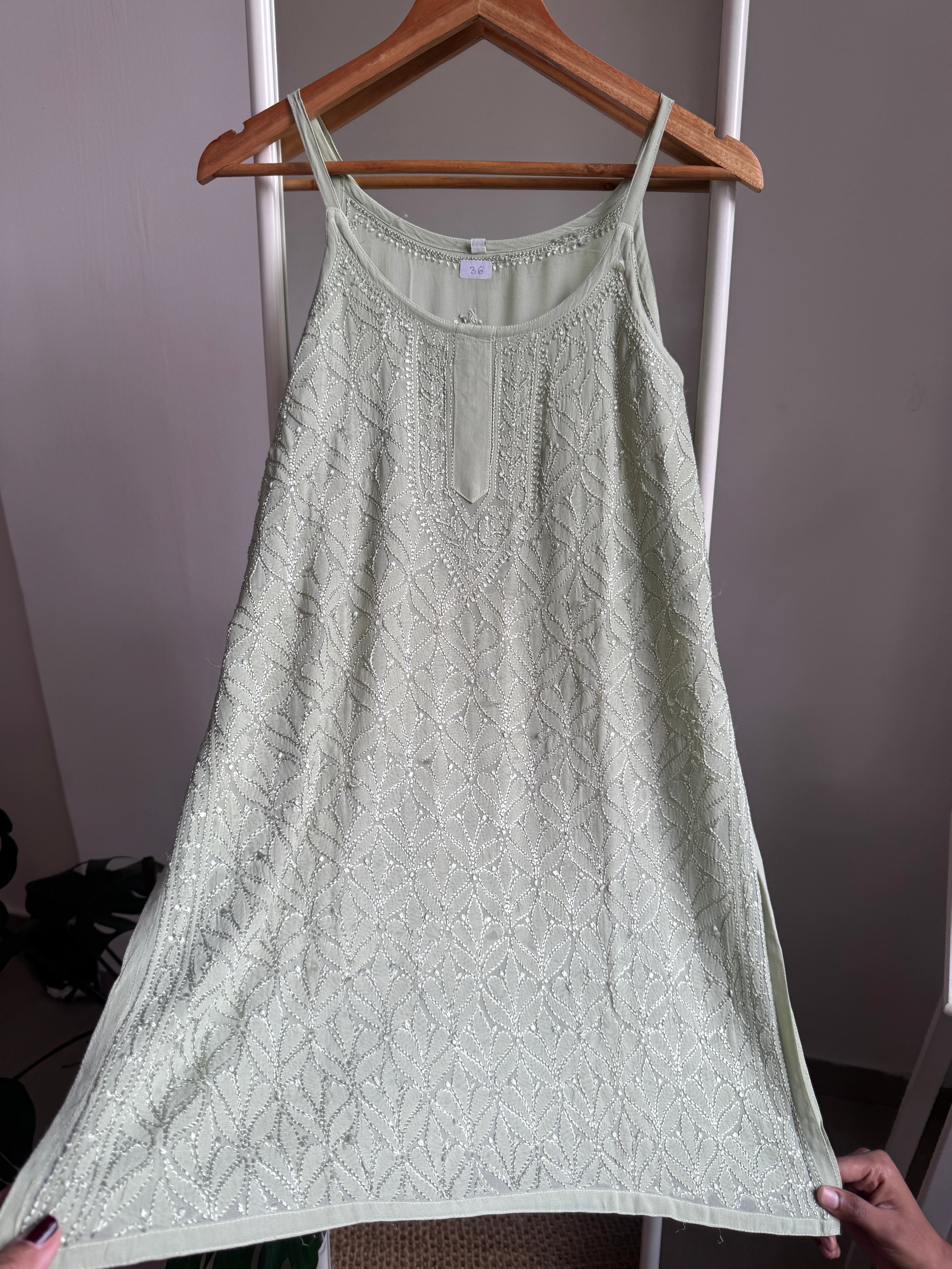 Chikankari Noodle Strap Top in Green ARIAA CHIKANKARI 