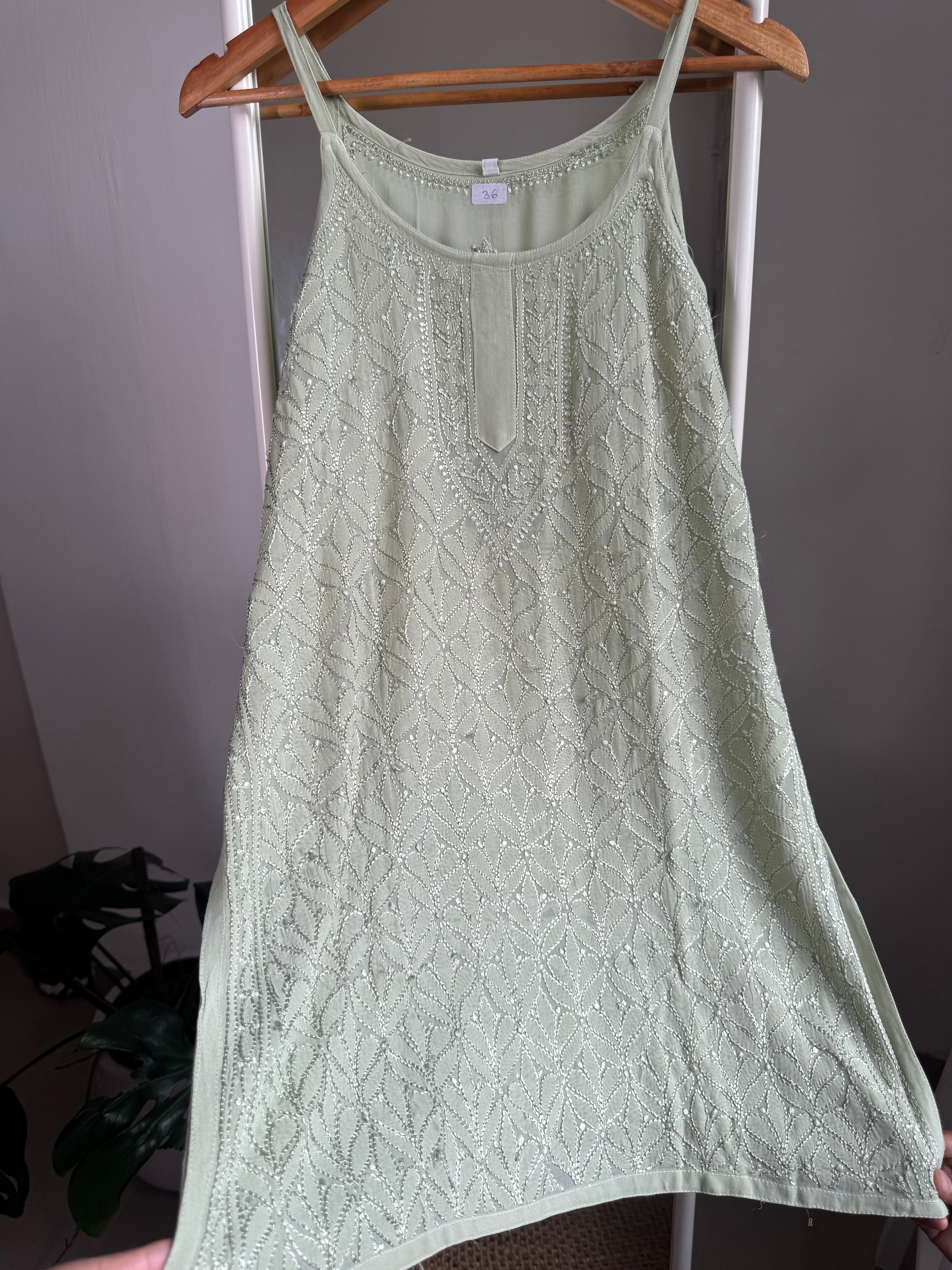Chikankari Noodle Strap Top in Green ARIAA CHIKANKARI 