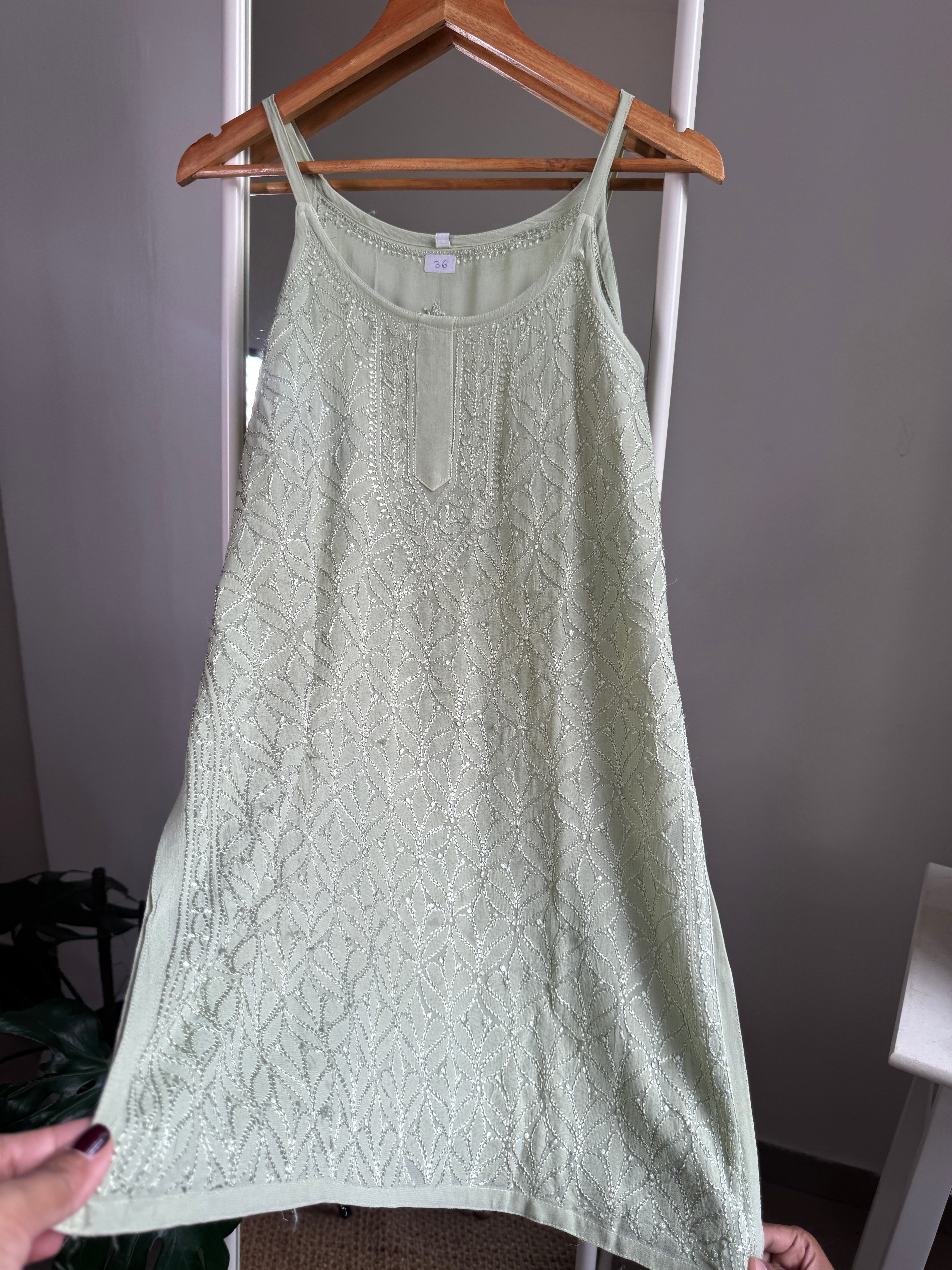 Chikankari Noodle Strap Top in Green ARIAA CHIKANKARI 