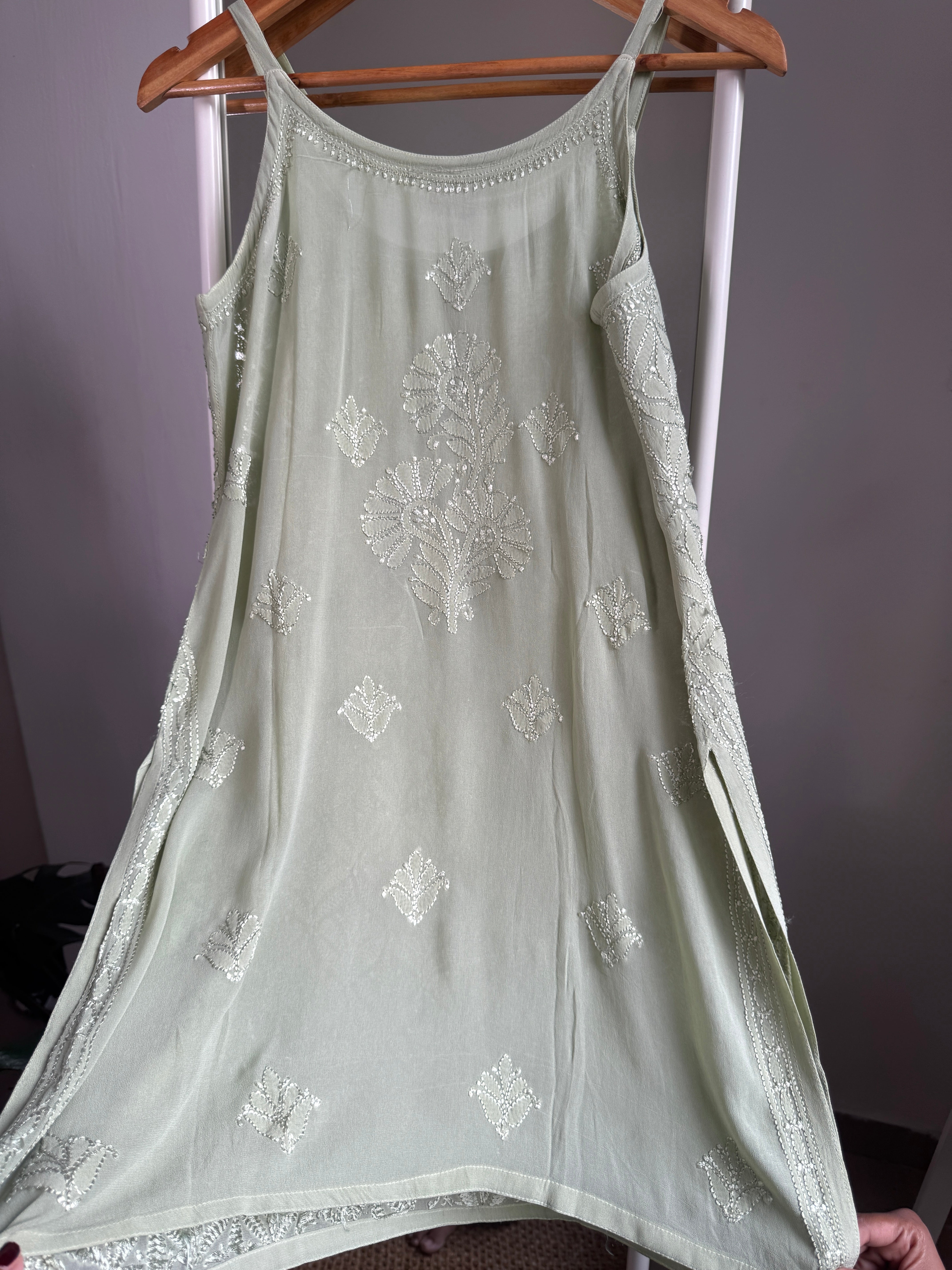 Chikankari Noodle Strap Top in Green ARIAA CHIKANKARI 