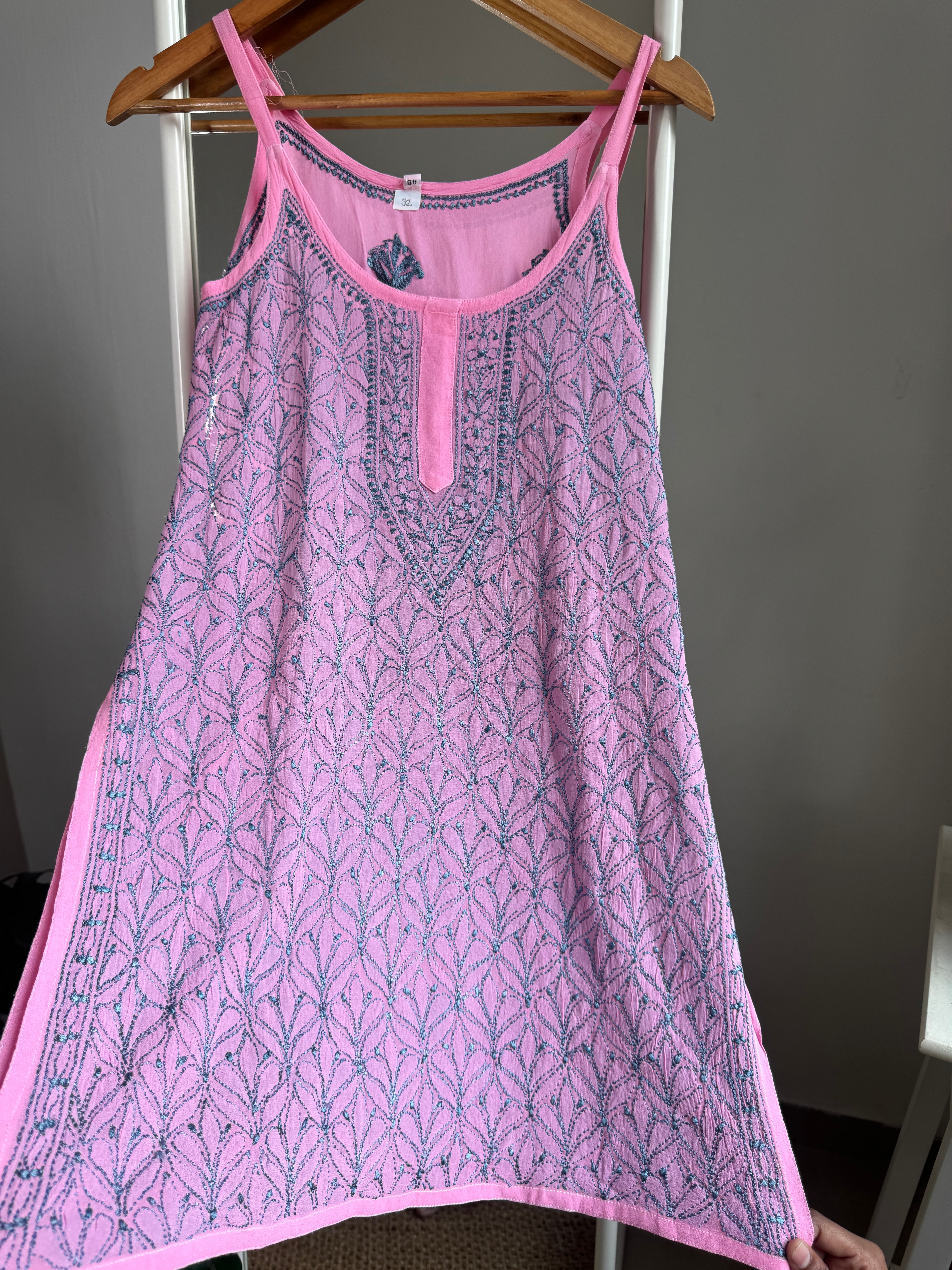 Chikankari Noodle Strap short Top in Pink - Multi Colour thread ARIAA CHIKANKARI 