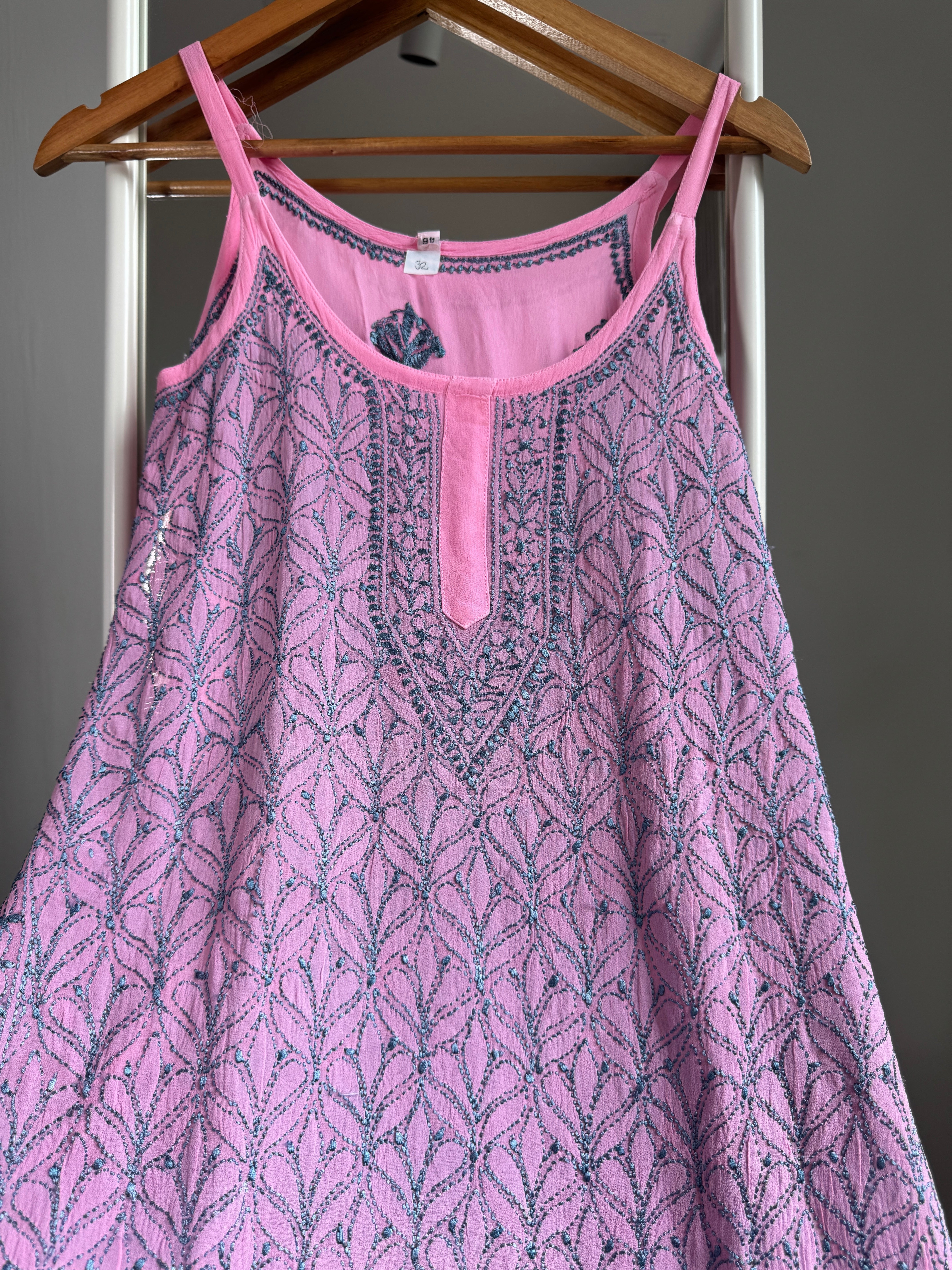 Chikankari Noodle Strap short Top in Pink - Multi Colour thread ARIAA CHIKANKARI 