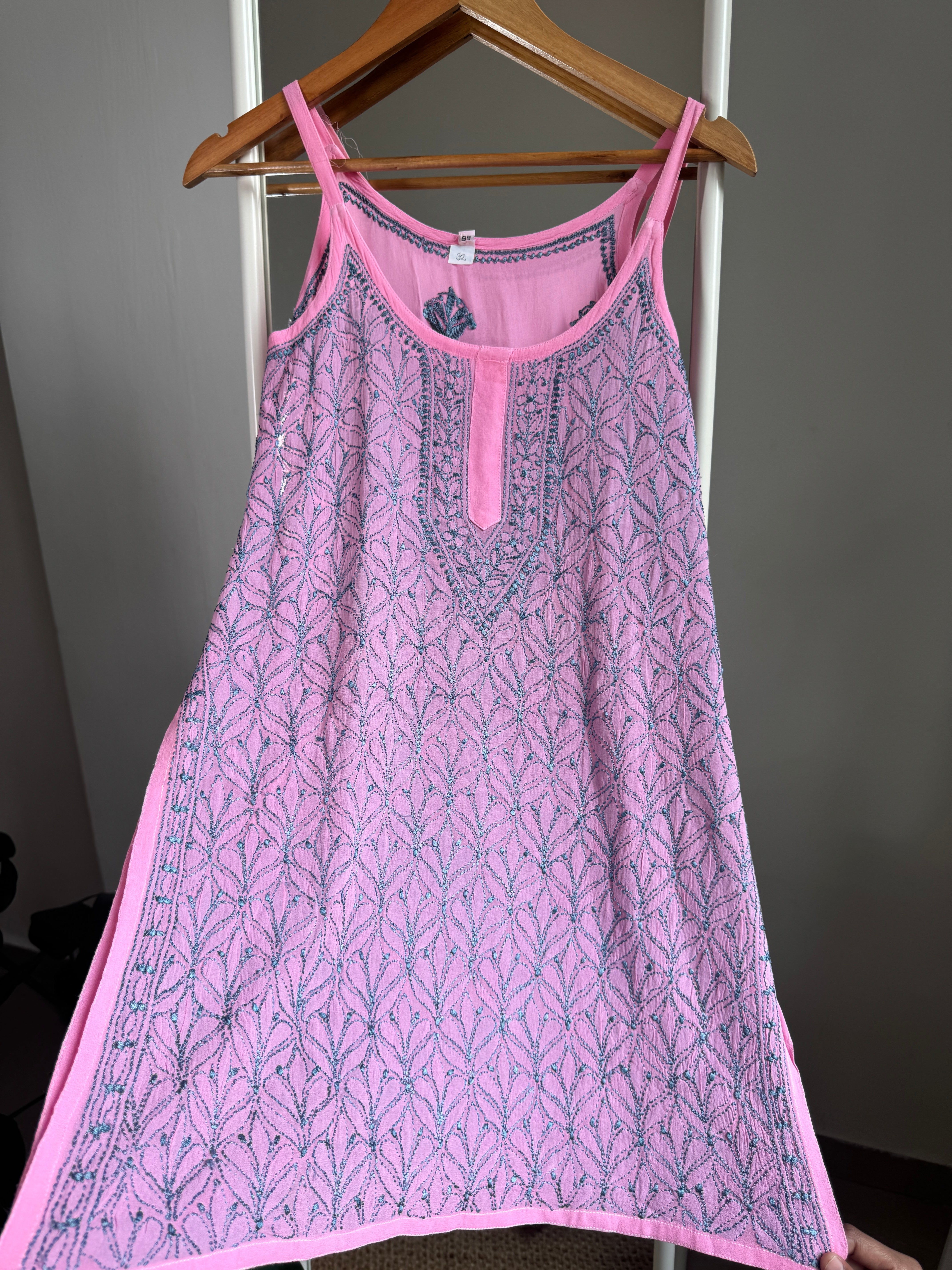 Chikankari Noodle Strap short Top in Pink - Multi Colour thread ARIAA CHIKANKARI 