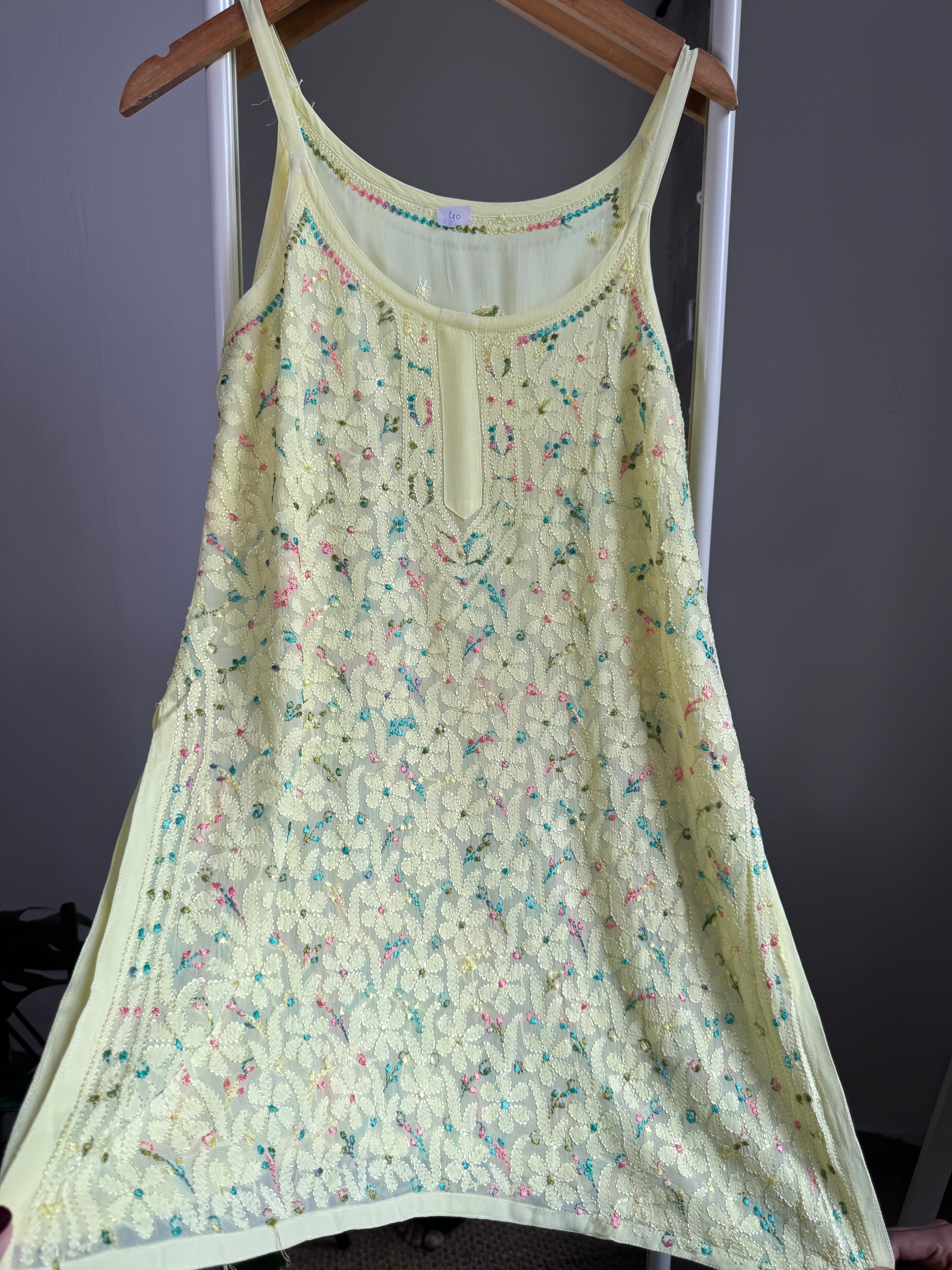Chikankari Noodle Strap short Top in Yellow - Multi Colour thread ARIAA CHIKANKARI 
