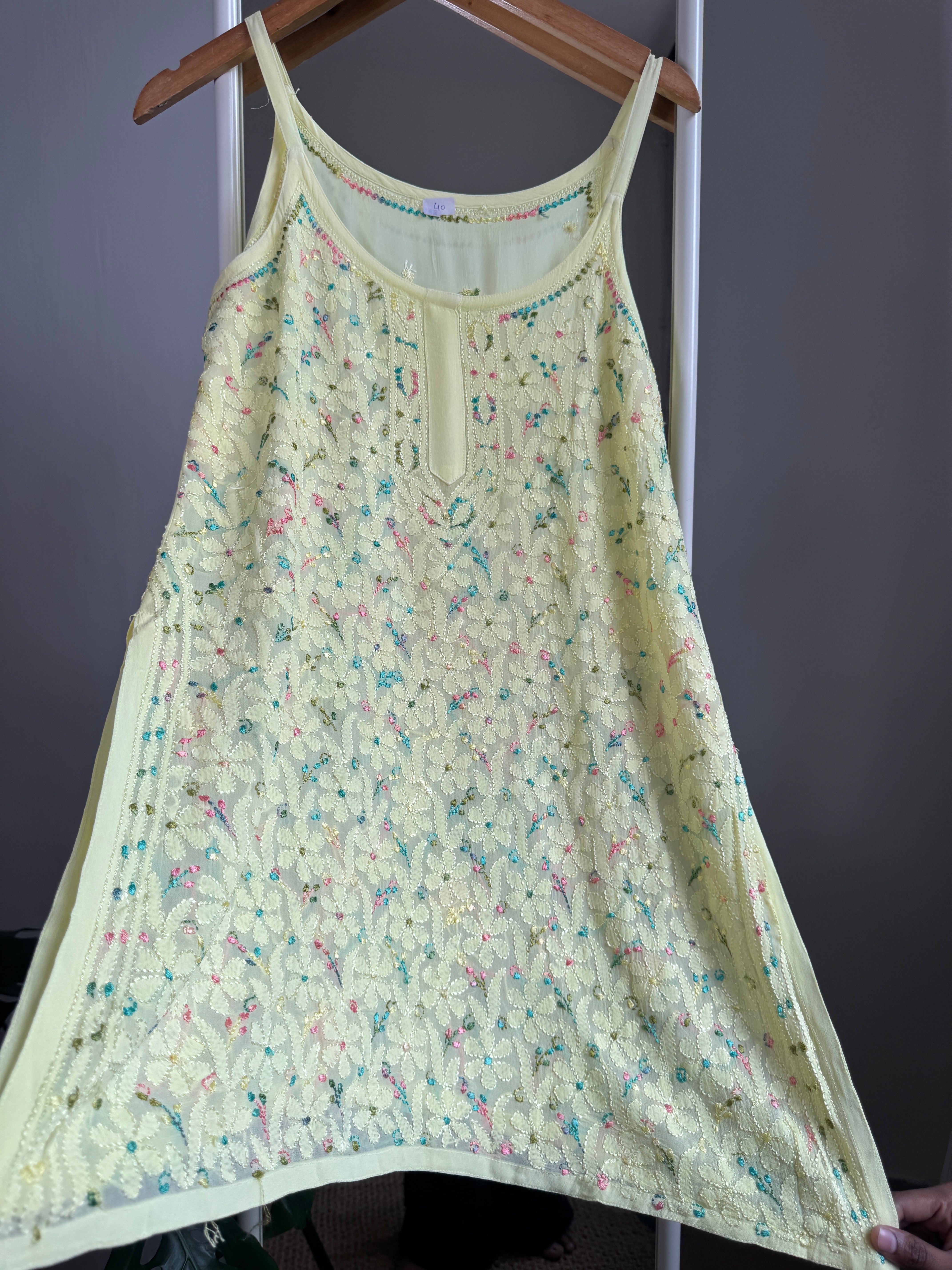 Chikankari Noodle Strap short Top in Yellow - Multi Colour thread ARIAA CHIKANKARI 