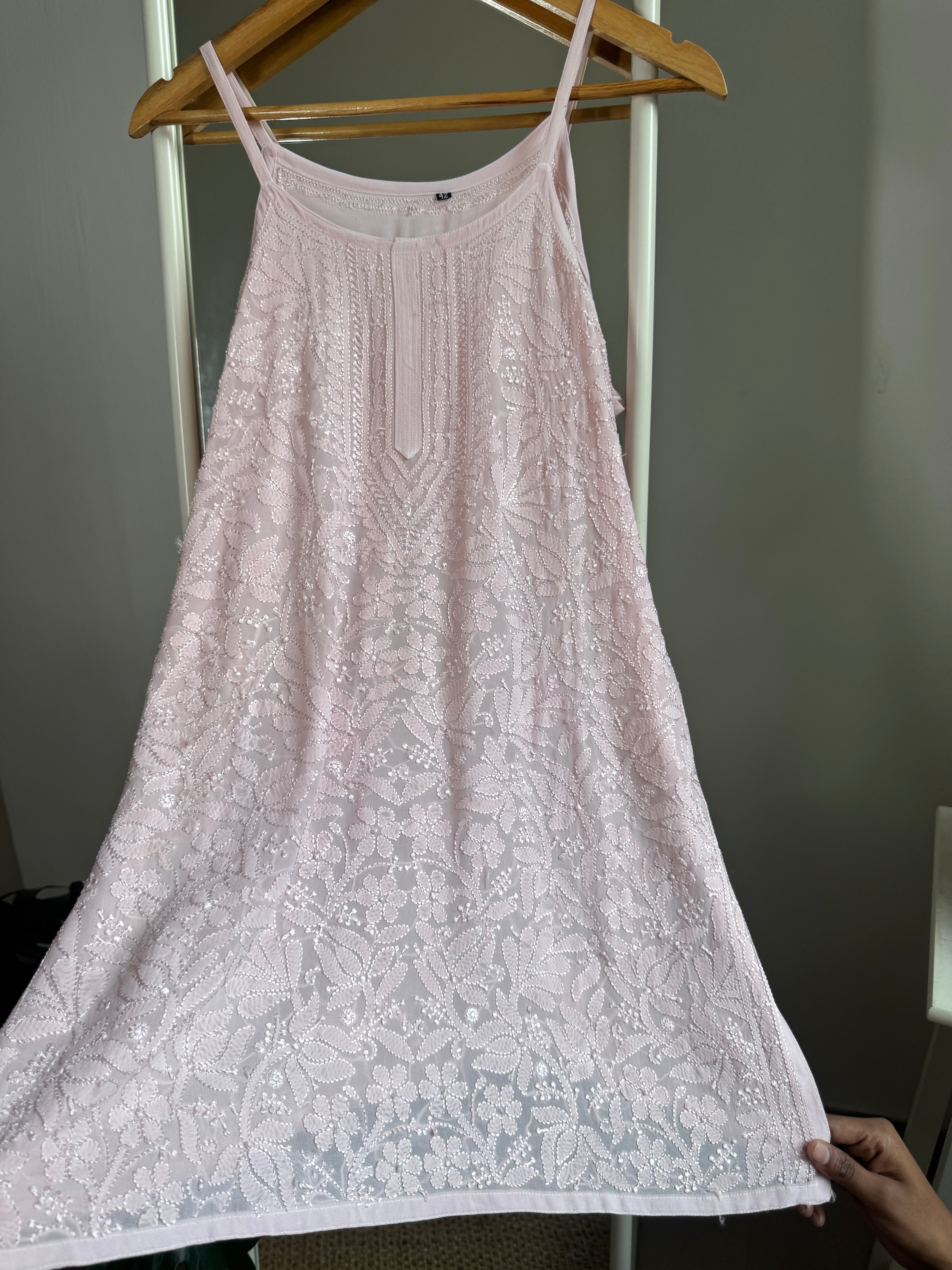 Chikankari Noodle Strap Top in Pale Pink ARIAA CHIKANKARI 