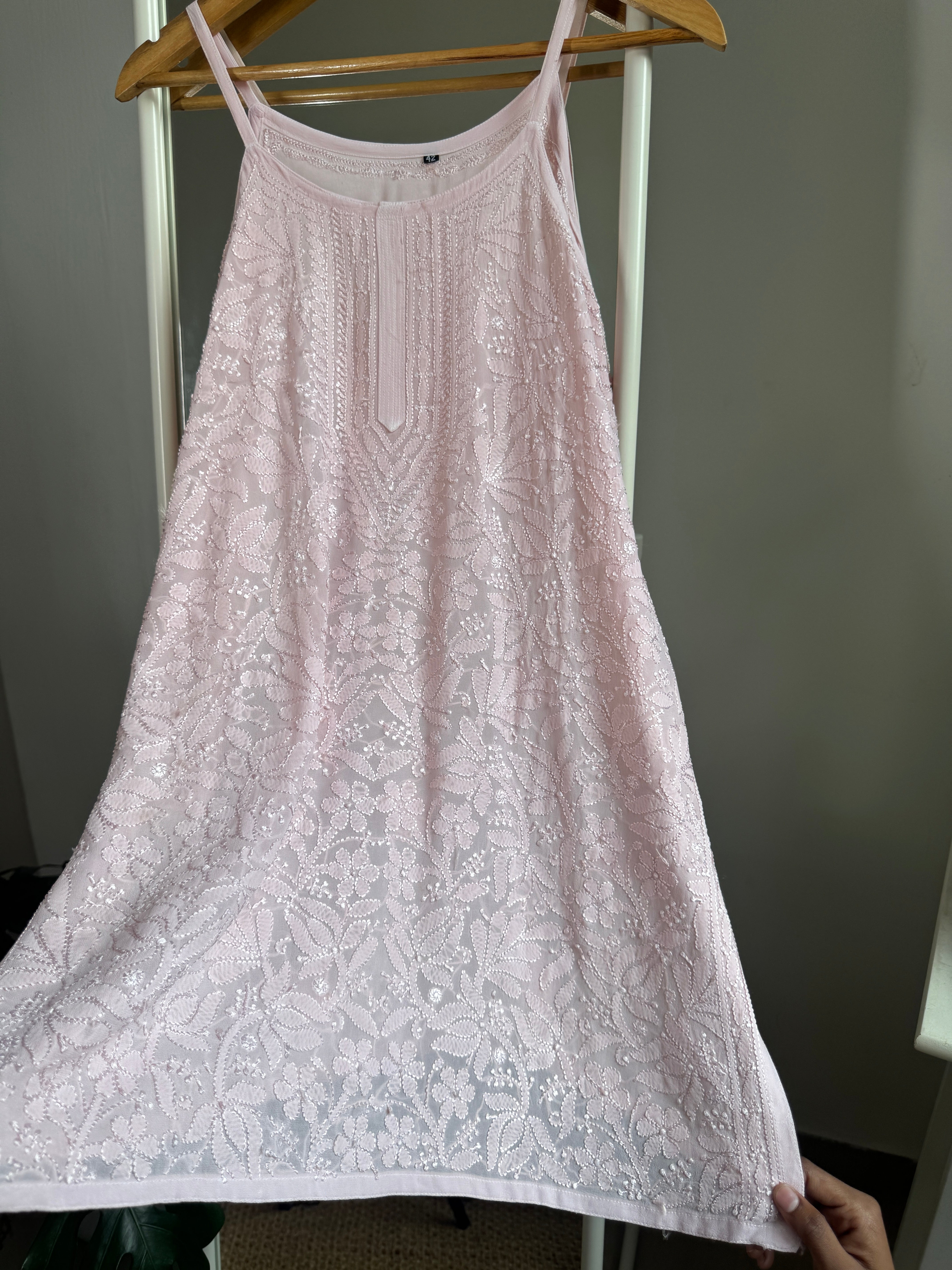 Chikankari Noodle Strap Top in Pale Pink ARIAA CHIKANKARI 