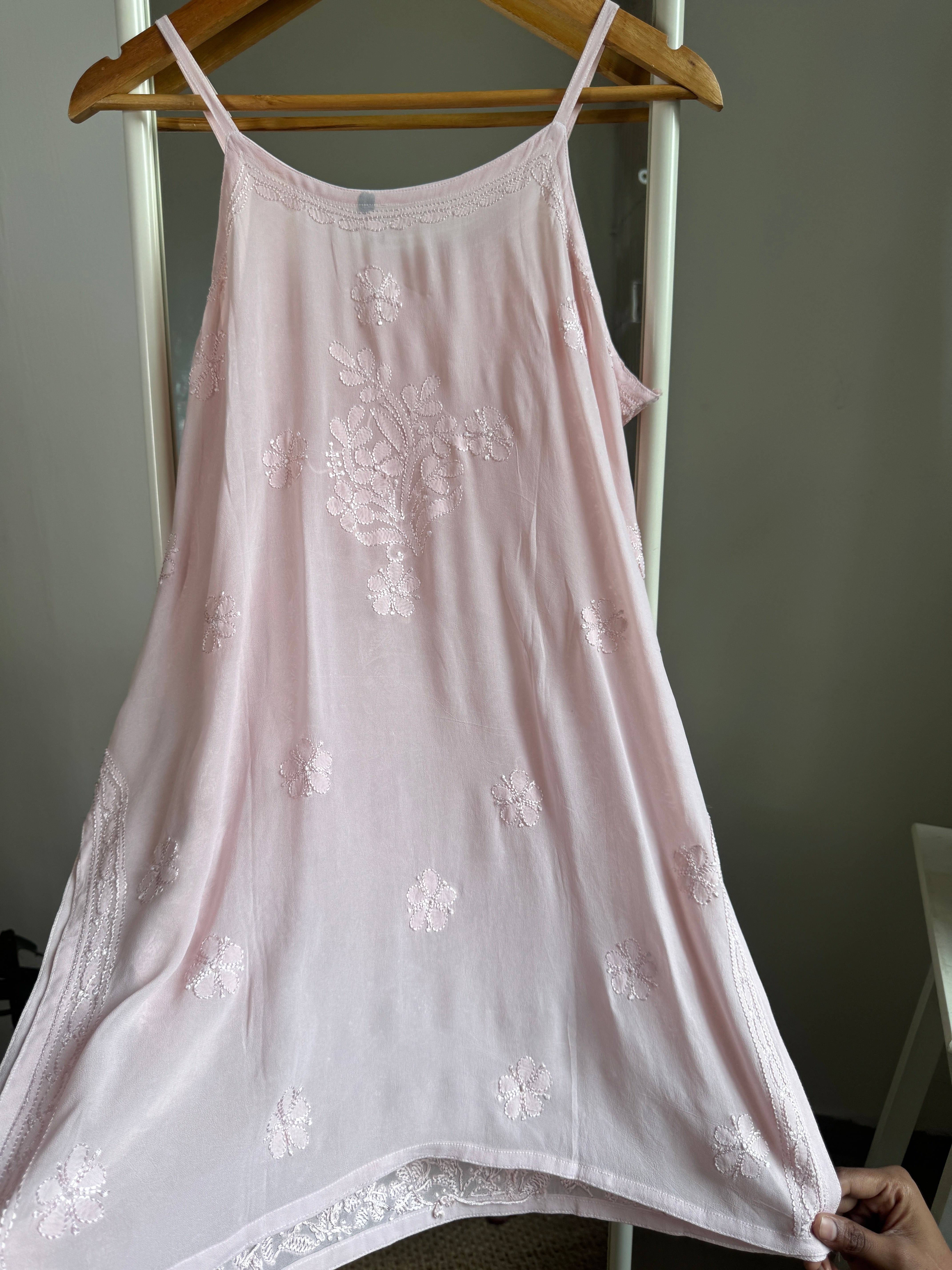 Chikankari Noodle Strap Top in Pale Pink ARIAA CHIKANKARI 